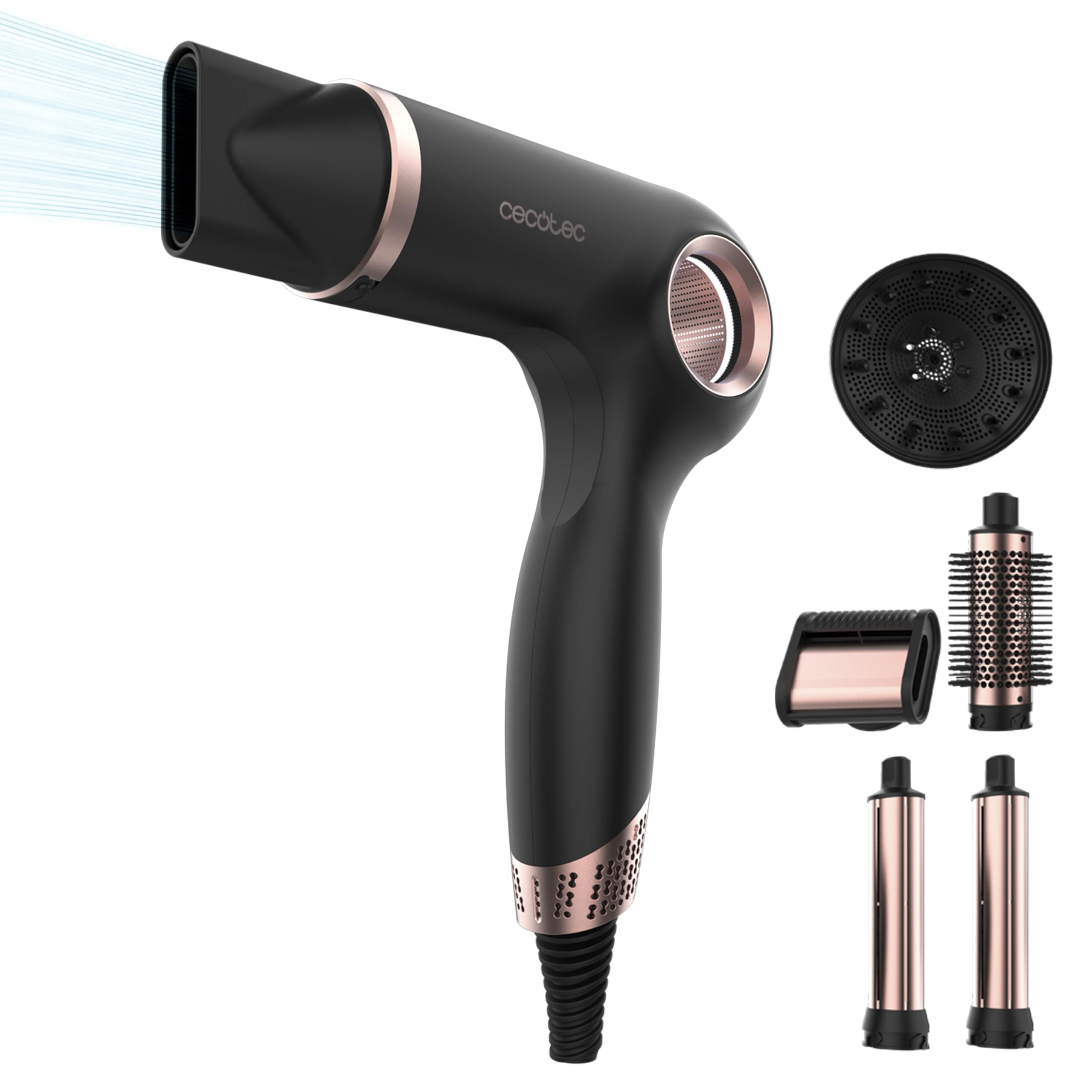 Cecotec Secador de Pelo Iones - 6 Accesorios - DryGlam Waves 6in1 Sensor Black. 1400W, 110000rpm, Tecnología de Sensor de Distancia, Triple Protección Calor, Memoria, 3 Velocidades y 5 Temperaturas