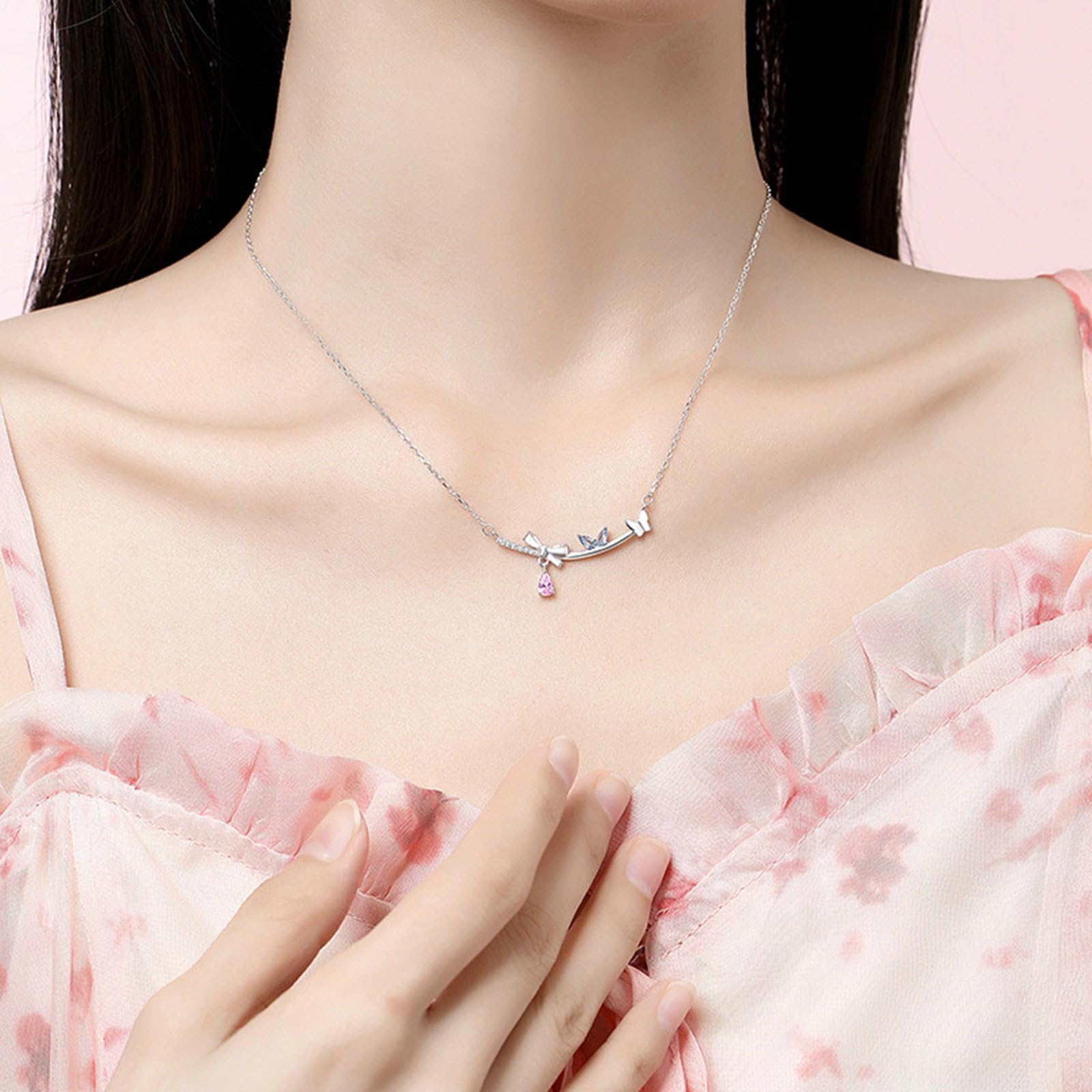 Collana in Oro 9/14/18 Kt Donna, Fiocco Farfalla con Sintetico Rosa Zaffiro e Topazio Moissanite Collana Ciondolo 375/585/750 Oro Bianco, 40+5cm