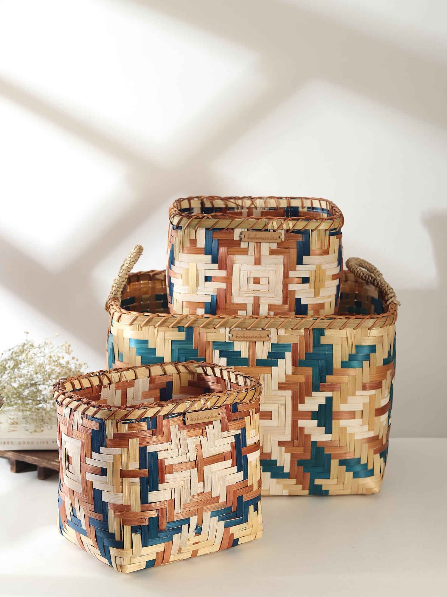 Habere India-All The Cultures Fabricating India Storage Basket | Organisers | Wardrobe Organizer For Storage | Basket For Storage | Bamboo Basket Organizer (Rectangular: Set Of 3-1L, 2S)-picture-18