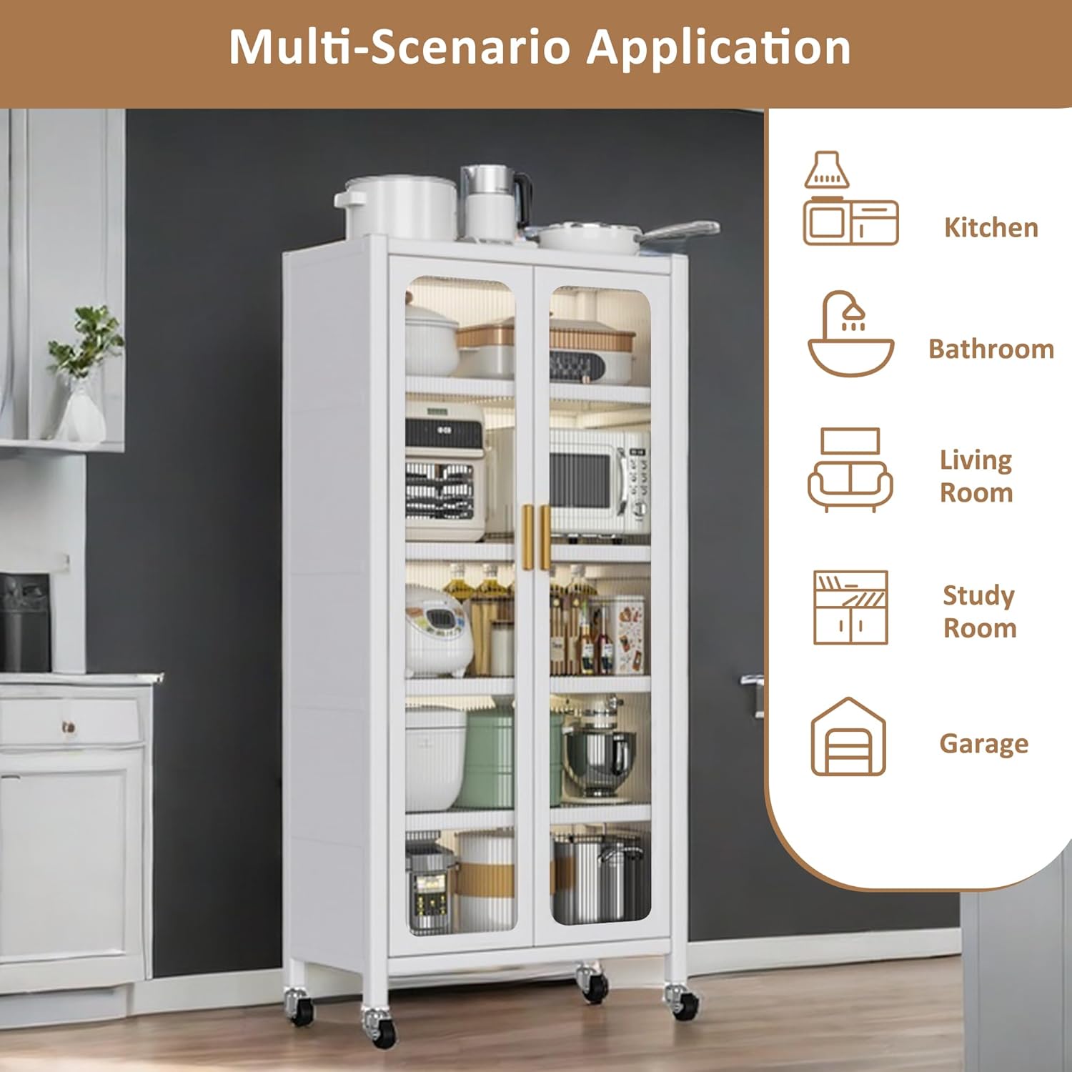 Montary Metal Freestanding Floor Pantry Storage Cabinet with Transparent Doors, 4 Rolling Wheels, 6 Tiers for Kitchen, Living Room, Dining Room, White