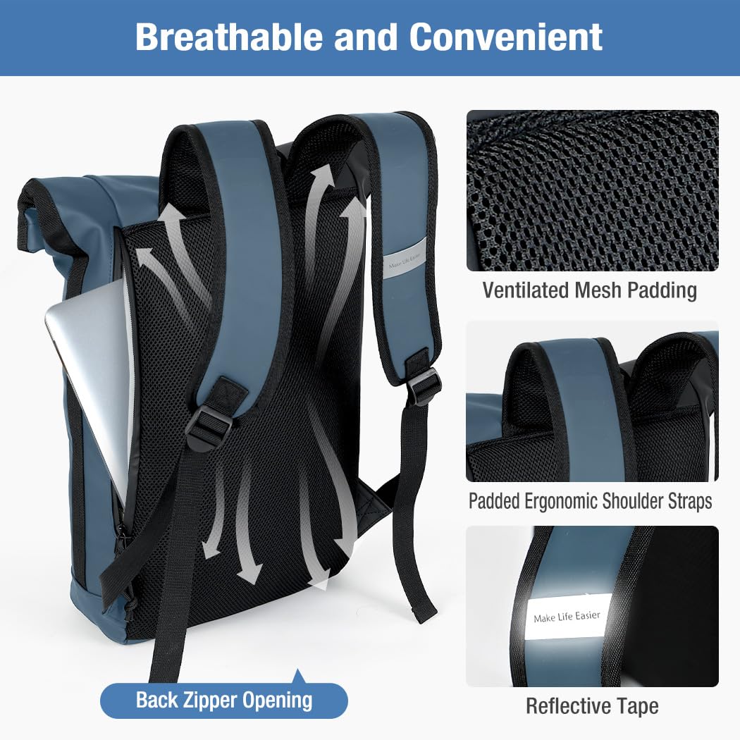 Lekeinchi Zaino Rolltop Uomo Donna Porta PC 17 Pollici | Zaino Impermeabile Uomo Donna - Rains Zaino con Strisce Riflettenti - Zaino da Viaggio Espandibile - Casual Lavoro Università - Blu