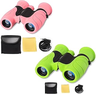 Binoculars Kids [8 x 21 High-Resolution] x 2 Pack Optics Compact Size Outdoor Camping, Travel, Spy Games, Hiking, Bird Watching, Adventure, Education, Wildlife (Green + Pink)