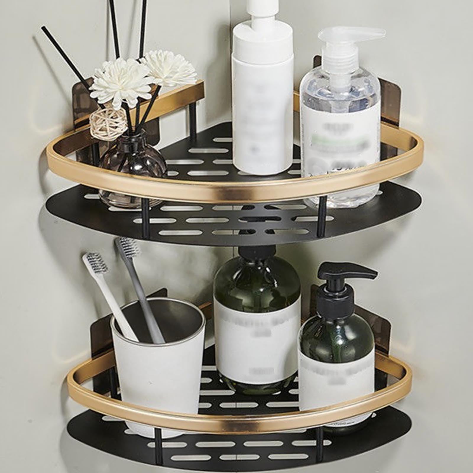 YumLock 2-Pack Stainless Steel Shower Caddy Organizer - Rustproof, Adhesive Mounted, No Drilling Required - Spacious Corner Shelves for Bathroom Storage, Kitchen & Dorm - Holds Up to 15lbs, Black Gold