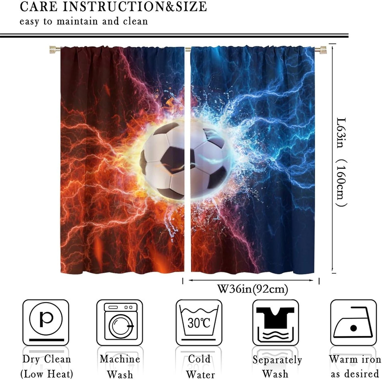 Sport Cool Soccer Curtains for Living Room, Football Theme Red Blue Lightning Rod Pocket Thermal Insulated,Window Drapes 2 Panels 63" L x 36" W