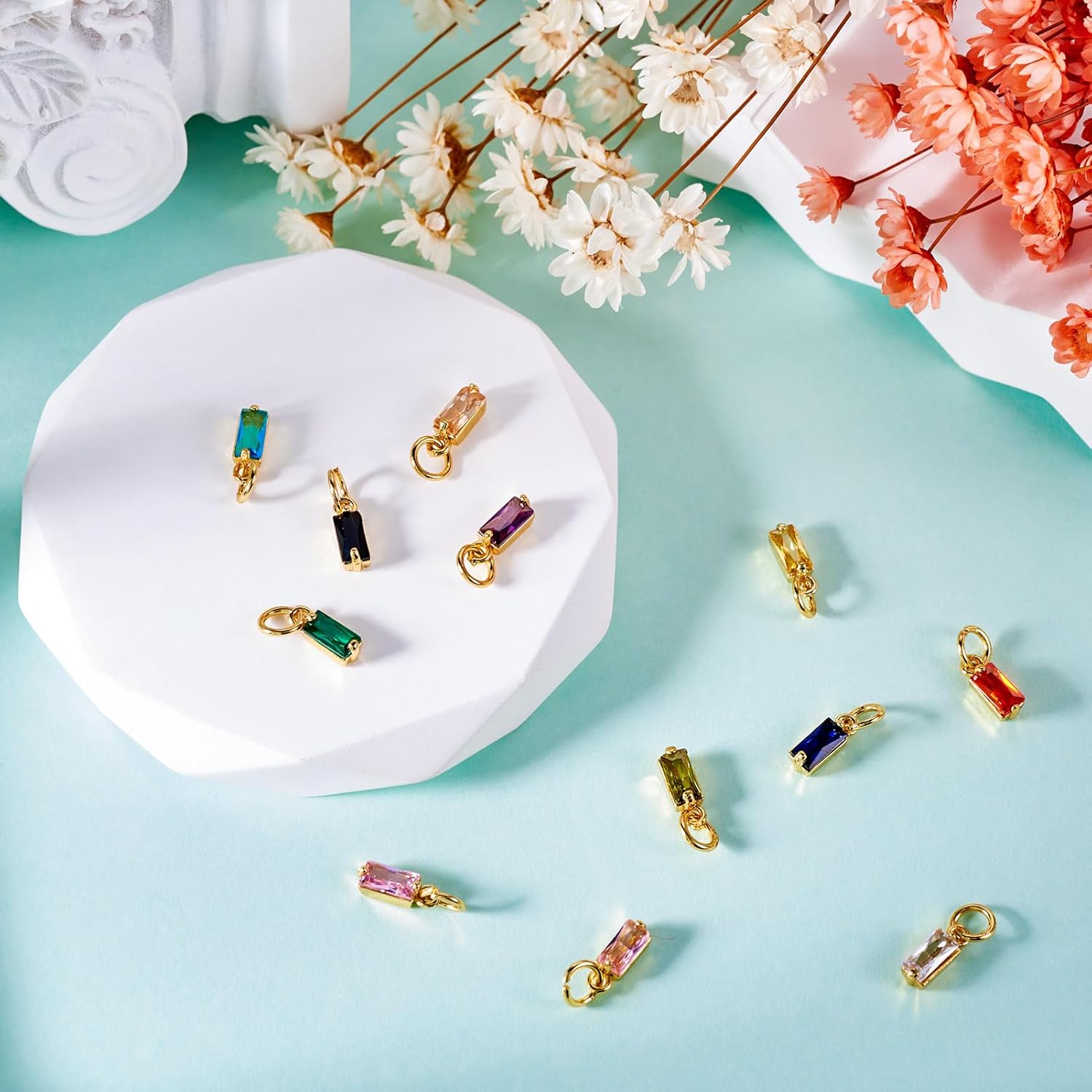 Beadthoven 12pcs Real 18K Gold Plated Rectangle Crystal Charm Pendants Micro Pave Cubic Zirconia Birthstone Charm with Jump Ring for DIY Jewelry Making Necklace Choker Earrings Tiny Dangle Accessories - Image 6