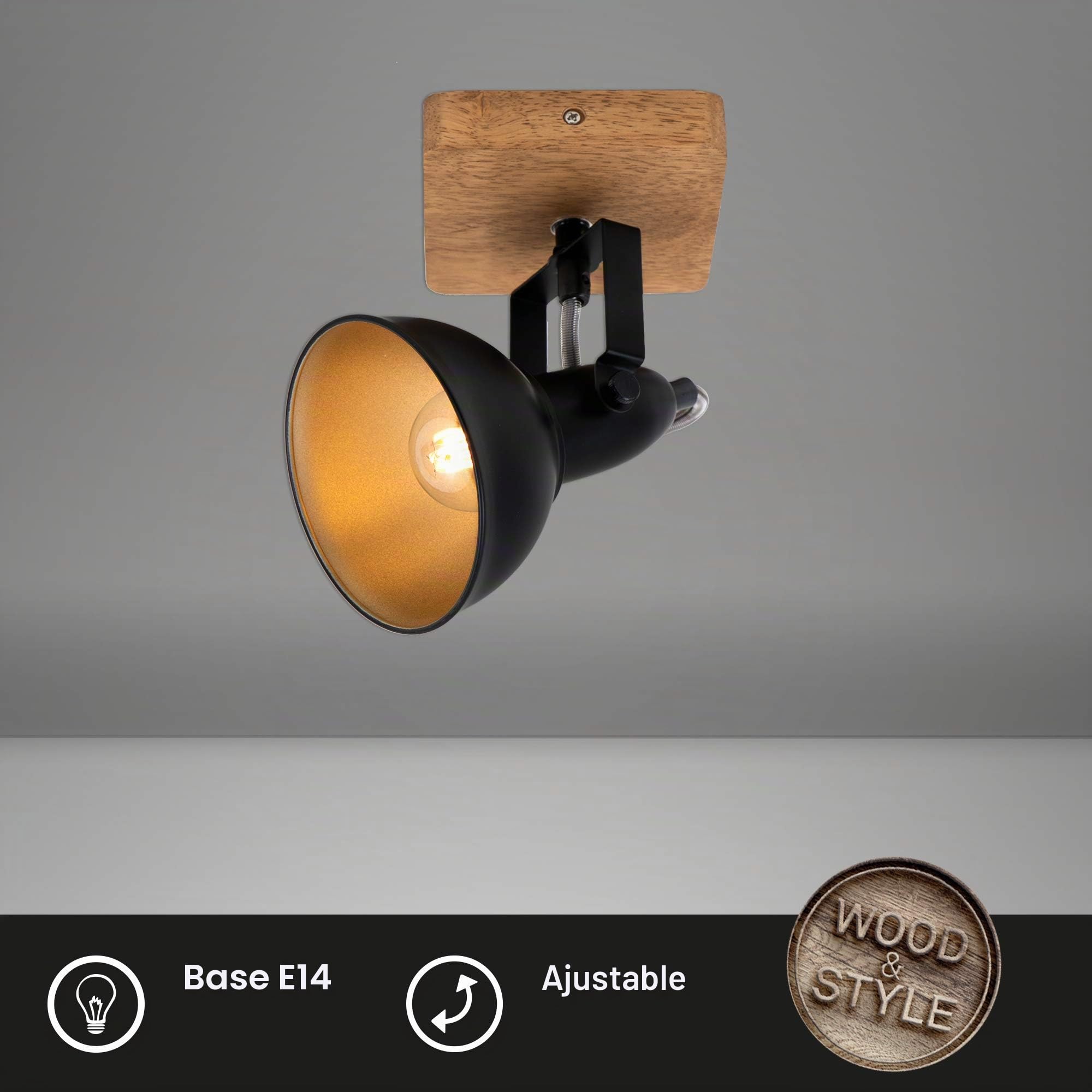 BRILONER Leuchten 2901-015 Lámpara Retro, Vintage, Foco Giratorio, 1x E14, Metal-Madera, Negro-Dorado, 110x110x157mm (Largo x Ancho x Distancia a Pared)