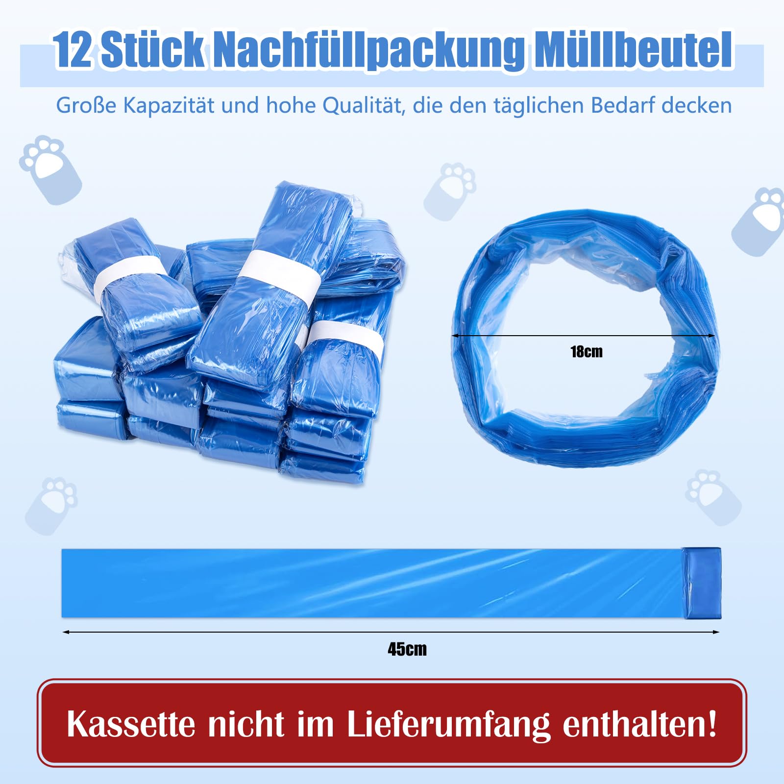 Nachfüllfolie Windeleimer Nachfüllbeutel, 12 Stück Windeleimer Nachfüllkassetten Nachfüllfolienringe Katzenstreu Nachfüllpackung, Kompatibel mit Allen Katzenstreu Eimer und Windeleimern