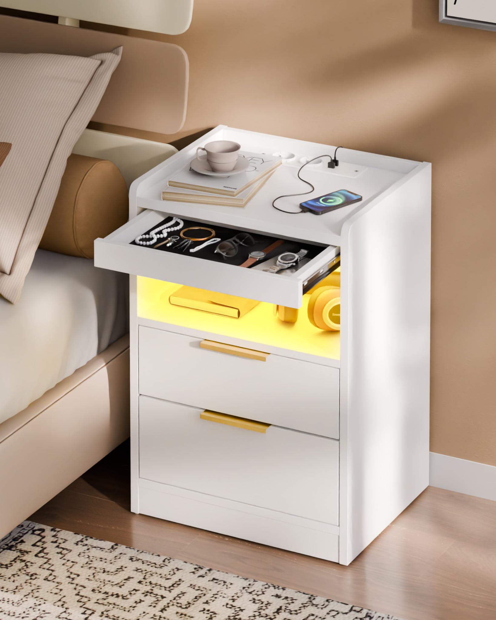 Mondeer LED Bedside Table with Hidden Drawer, Bedside Cabinet with Charging Station and 3 Drawers, Nightstand with Storage for Bedroom Living Room Office, 60 x 40 x 35 cm (White)