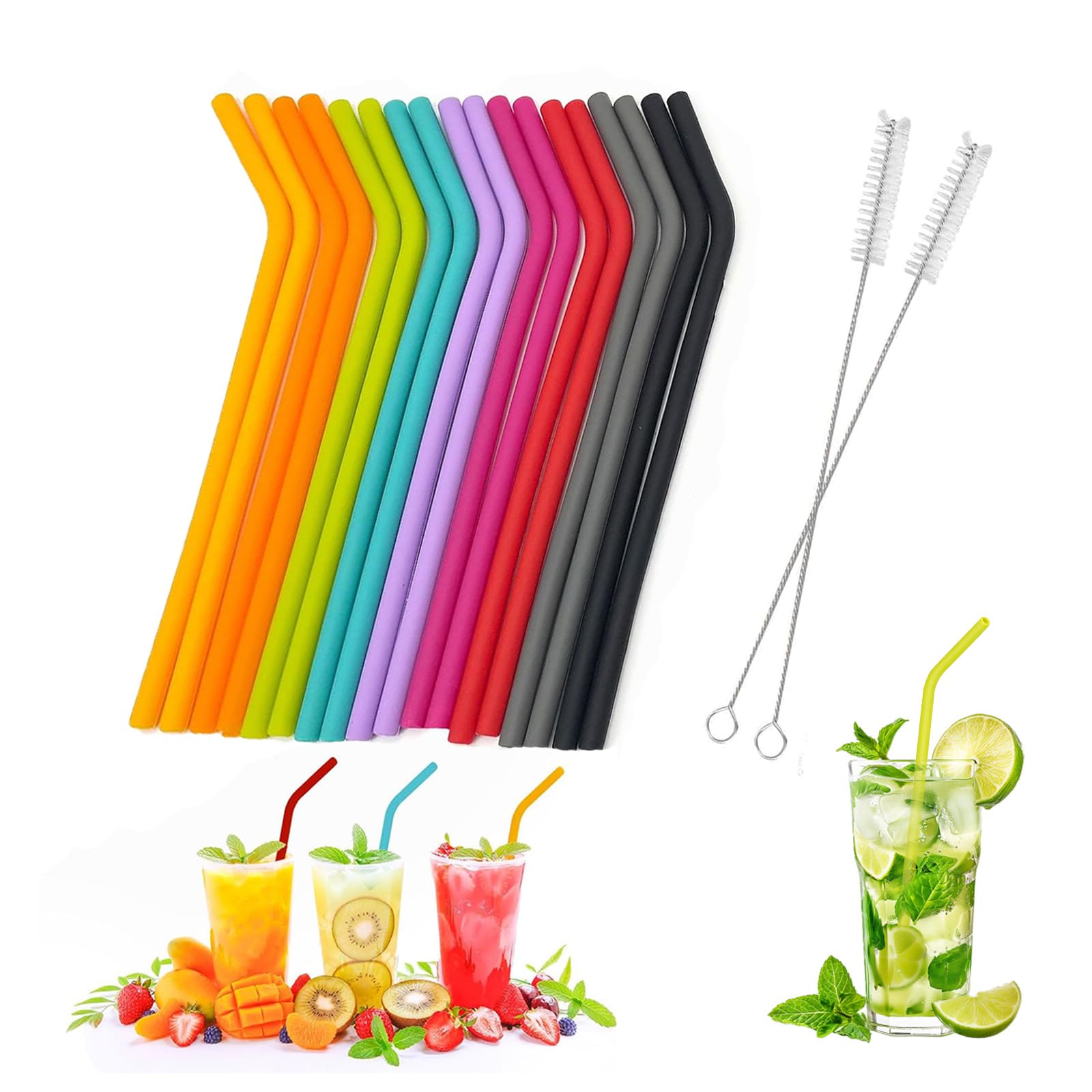 18 Pcs Silicone Straws Reusable and 2 Cleaning Brushes, Flexible Multicolor Drinking Straws, Durable Bendy Straws Regular Size Replacement for Cocktail, Juice, Milkshake, Soda, Indoor and Outdoor