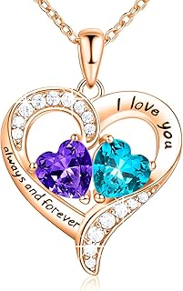 18K Rose Gold Heart Necklace, Jewelry for Women with 2 Birthstones, Customized Gifts for