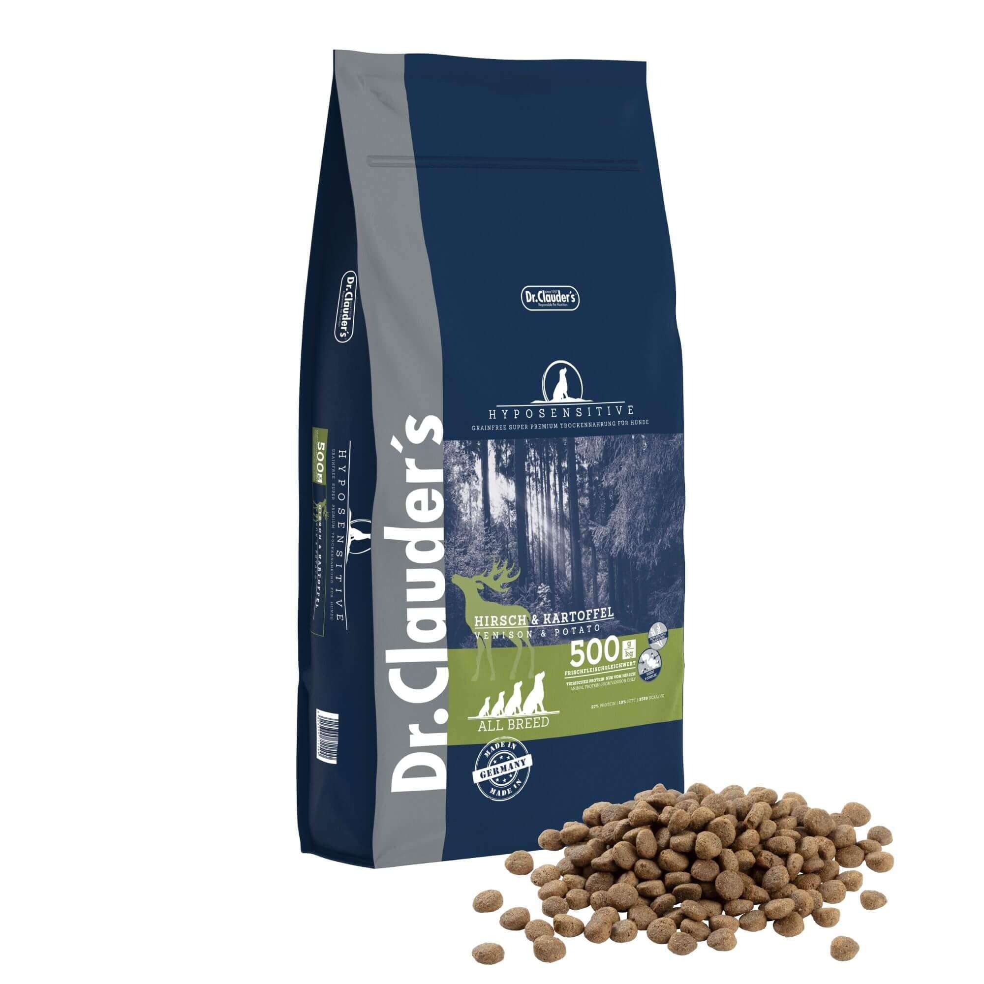 DR.CLAUDER'S - Hyposensitive | Trockenfutter mit Singleprotein für Sensible, ausgewachsene Hunde. Getreide- und glutenfreies Alleinfuttermittel im Beutel | 11,5kg Hirsch&Kartoffel