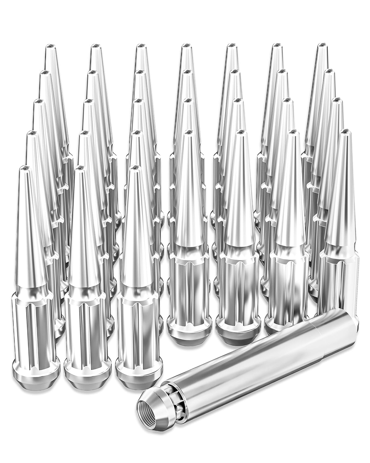 OMT 14mmx1.5 Lug Nuts Chrome 32 Piece, M14x1.5 Spike Lug Nuts Wheel Accessories Compatible with Chevy Ram Ford GMC