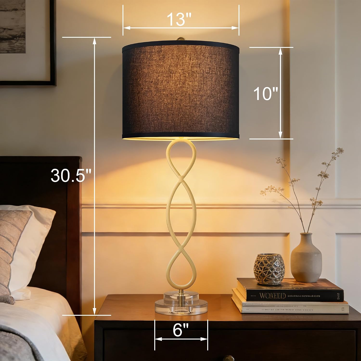 Maxax 30" Brass Gold Buffet Table Lamps for Living Room Set of 2, Crystal Bedside Lamp with Black Shade, Luxury Bedroom Nightstand Lamp with Crystal Base, Tall Buffet Lamp for Dinning Room, Office