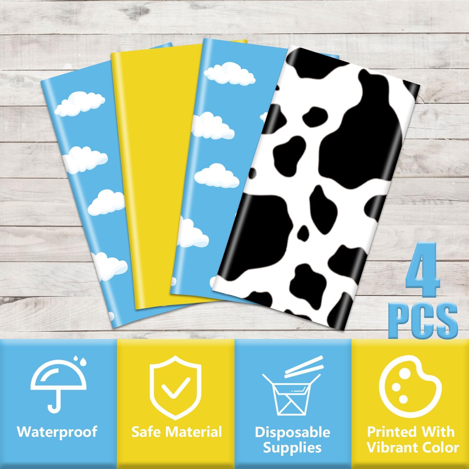 4 Pack Story Tablecloths Mix Color Plastic Table Cover Cow Pattern Printed Check Tablecover Story Birthday Party Supplies for Boy Baby Shower Decorations 87 x 51 inch