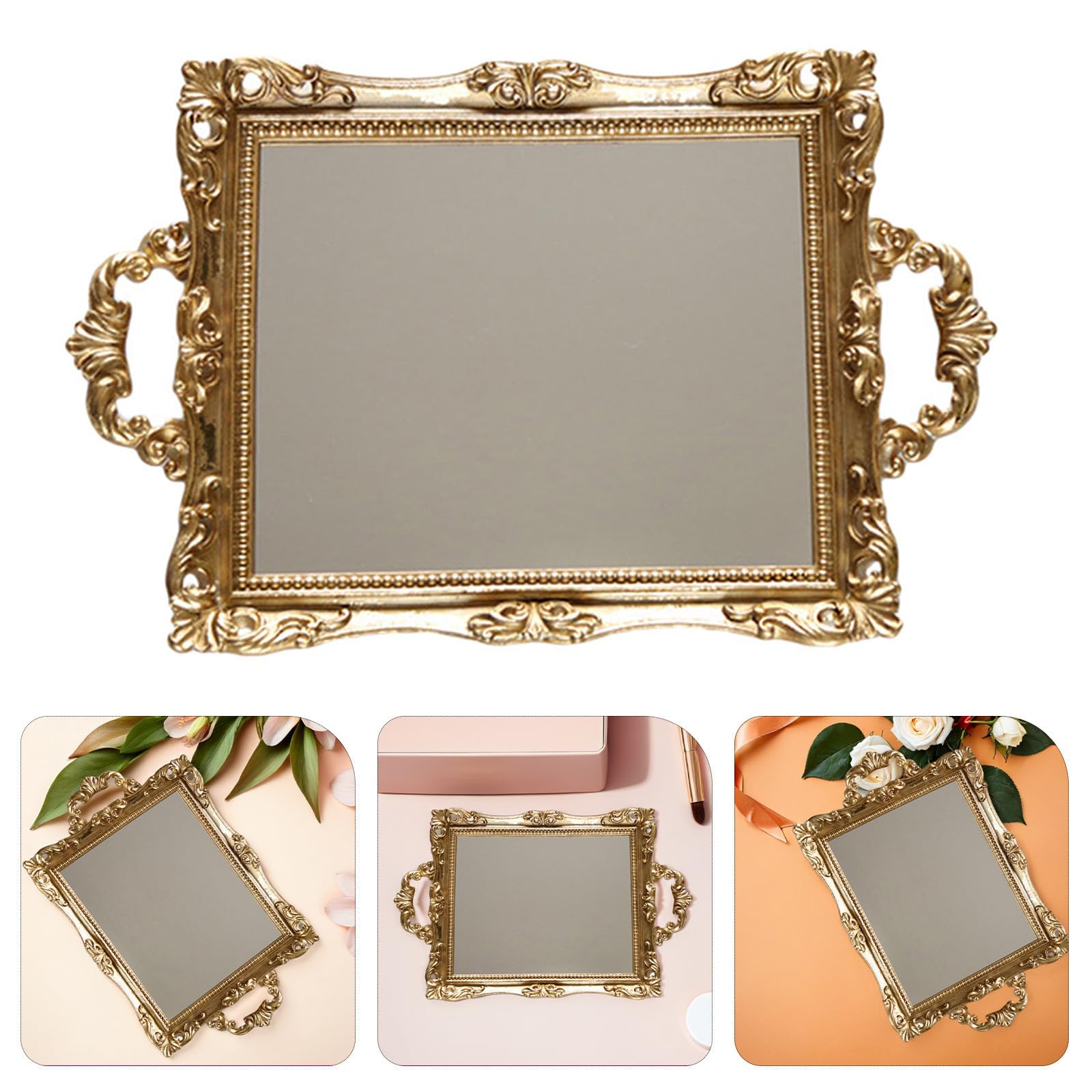 UPKOCH Bandeja Decorativa Dorada de Resina y Espejo Estilo Nórdico Retro para Boda y Hogar Función de Exhibición y Almacenamiento Elegante