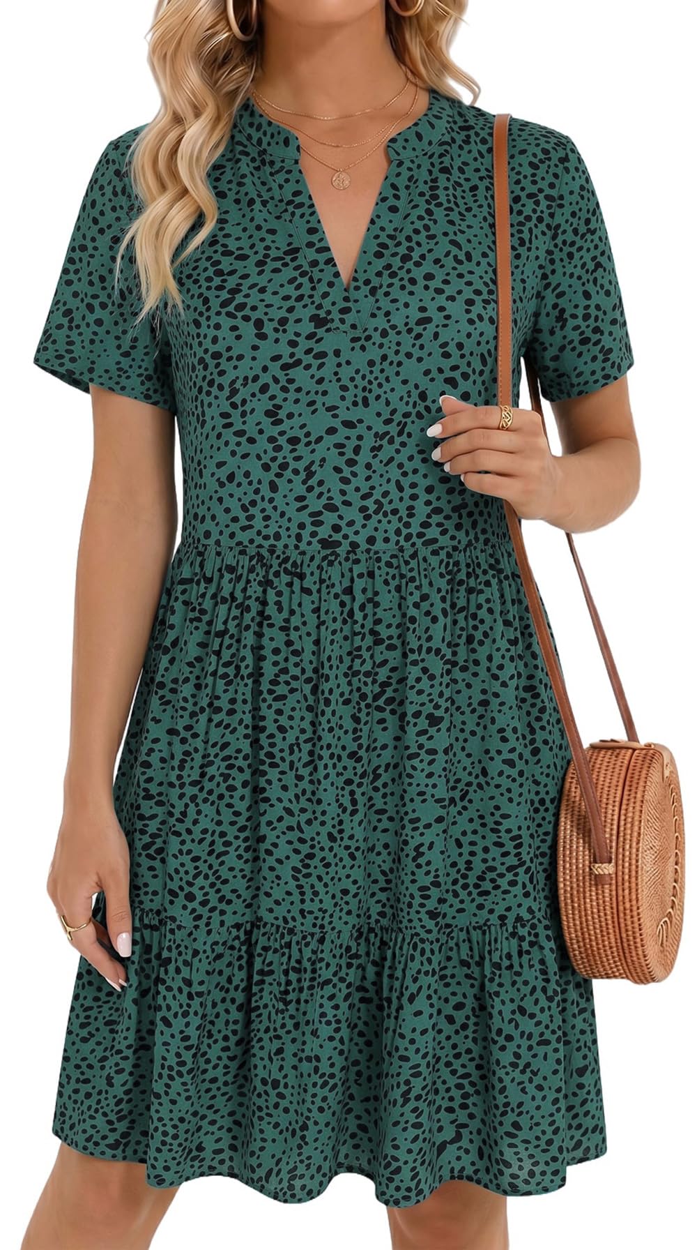 YUTILA Abito estivo da donna con scollo a V, maniche corte, linea ad A, in viscosa | corto, casual, leggero, mini abito da spiaggia