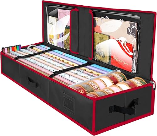 BALEINE Organizador de almacenamiento de papel de regalo de Navidad con particiones y bolsillos flexibles, bolsa de almacenamiento de tela Oxford