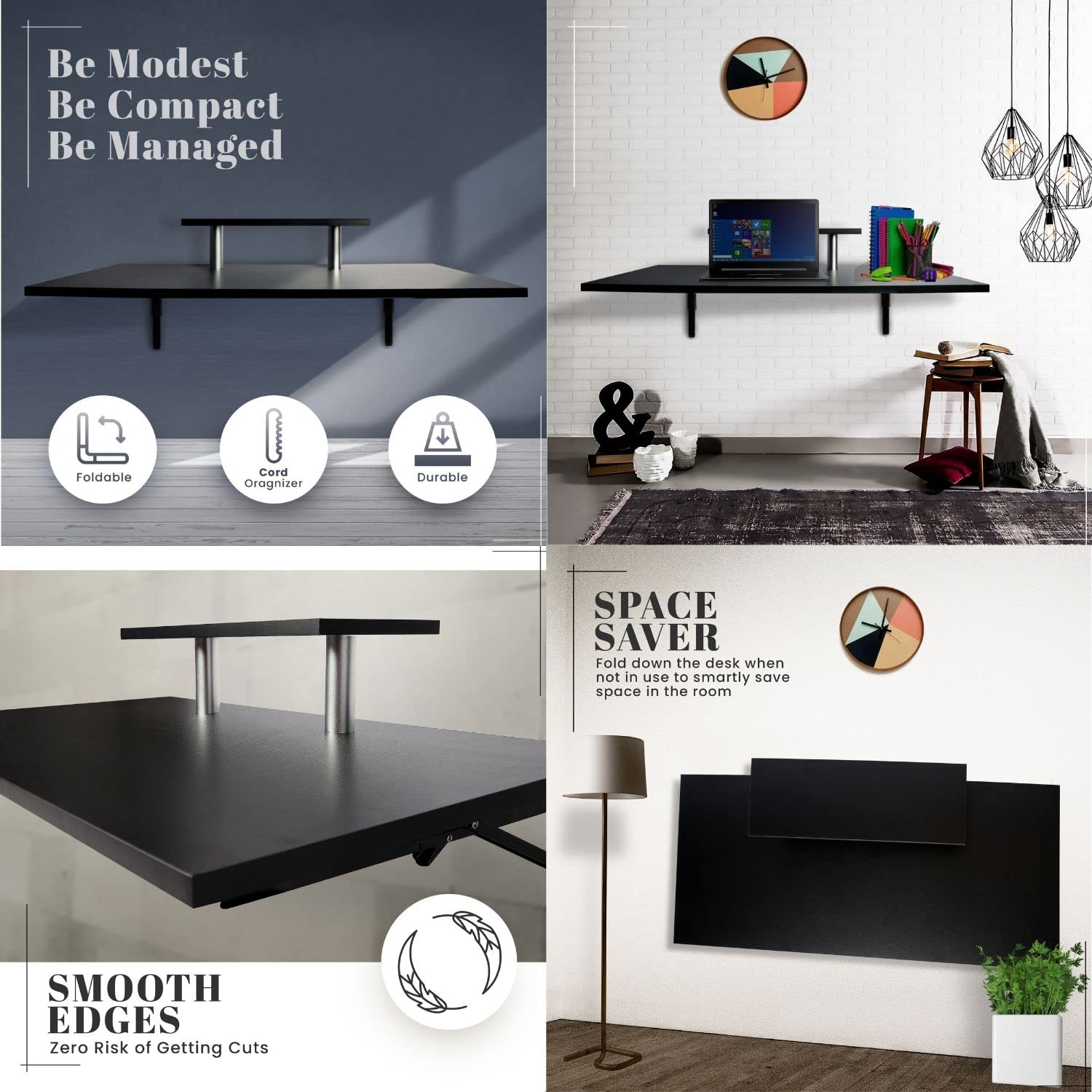 Wall Mounted Desk Foldable and Hanging Fold Up Standing Desk with Two Cord Organizers
