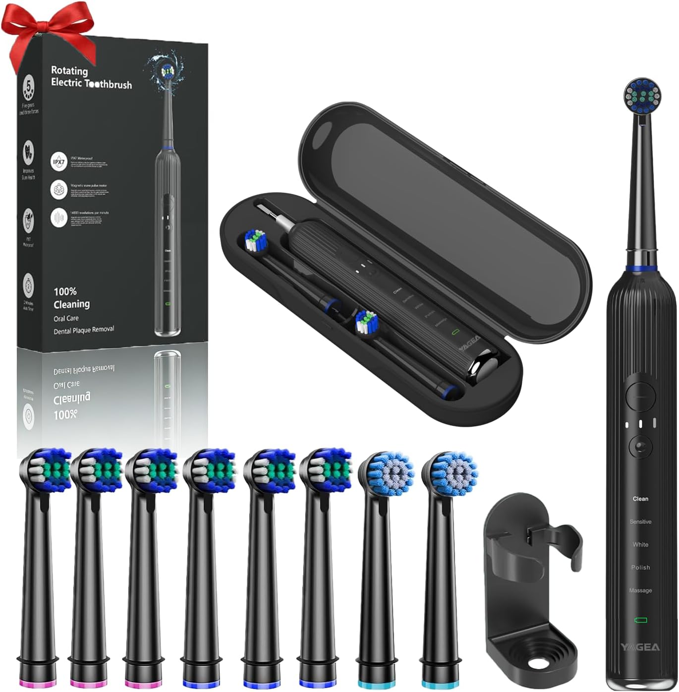 Rotating Electric Toothbrush for Adults with 8 Brush Heads, Travel Case, 5 Modes Rechargeable Power Toothbrush with Smart Timer,USB-C Charge 50-Day Battery Life, 3 Intensity, R05(Black)