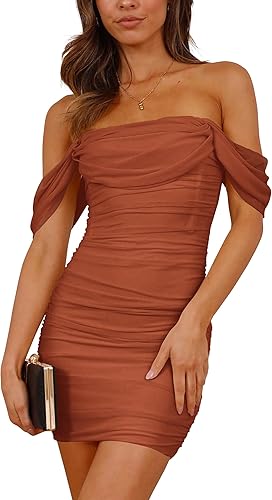 PRETTYGARDEN Cocktail Dresses 2025 Summer Off Shoulder Sexy Bodycon Ruched Mesh Graduation Wedding Guest Mini Short Dress