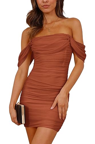 PRETTYGARDEN Cocktail Dresses 2025 Summer Off Shoulder Sexy Bodycon Ruched Mesh Graduation Wedding Guest Mini Short Dress - Medium - Caramel