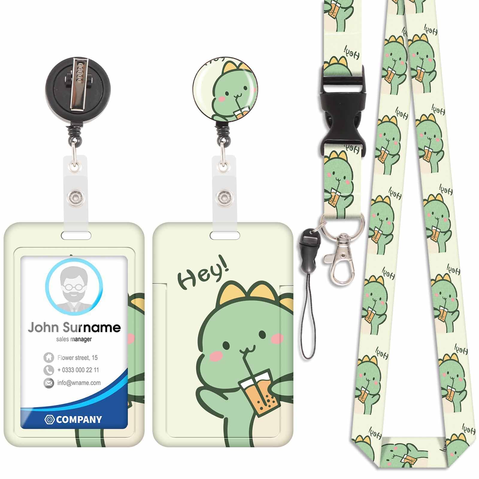 Porta badge con cordino girocollo retrattile staccabile, moschettone Swivel Lobster Clasp, per identificazione (Dinosaure-4)