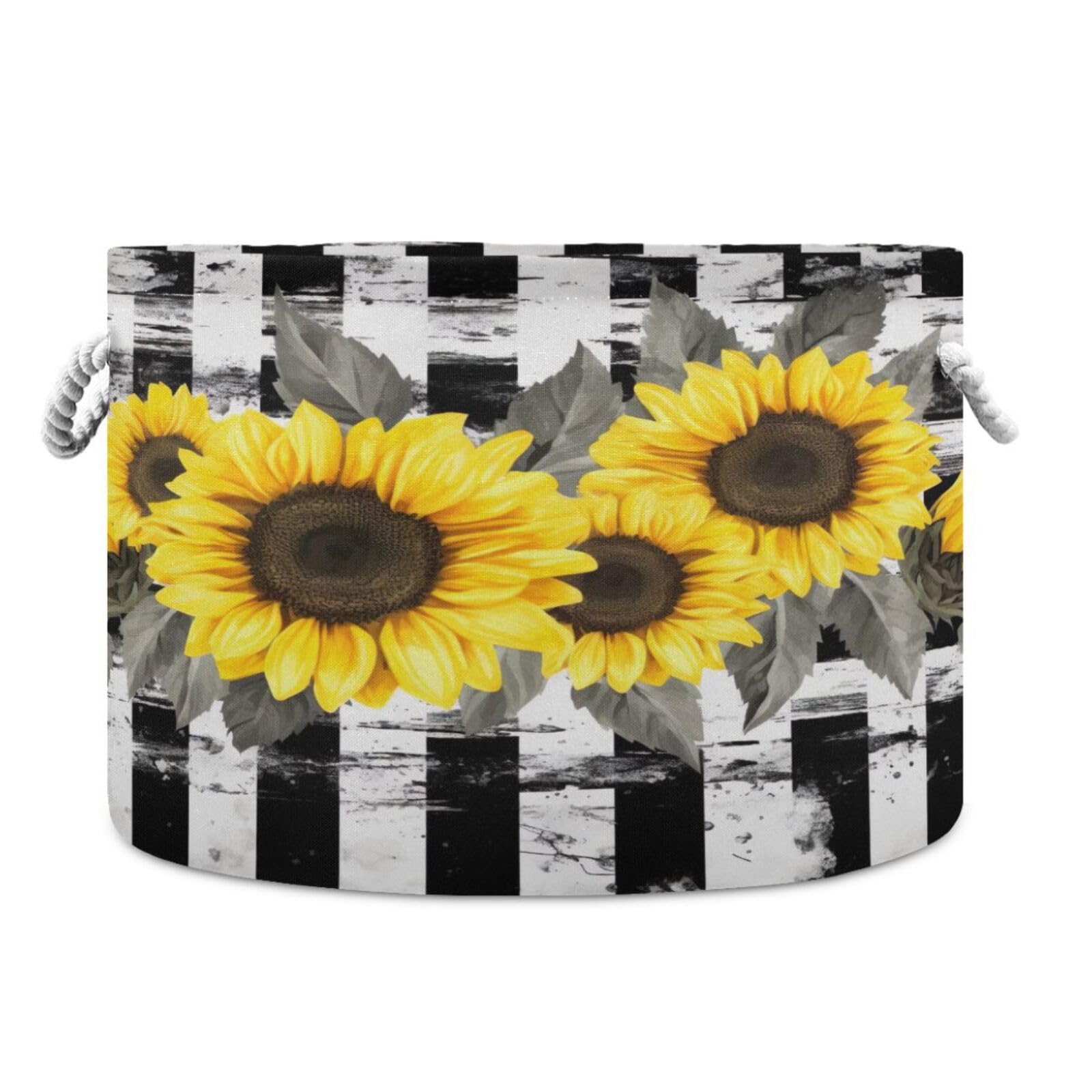 Round Sunflower Black White Stripes Storage Basket Large Organizer Bin Laundry Hamper Toy Storage Basket with Handle for Nursery Clothes Toys 202b4114