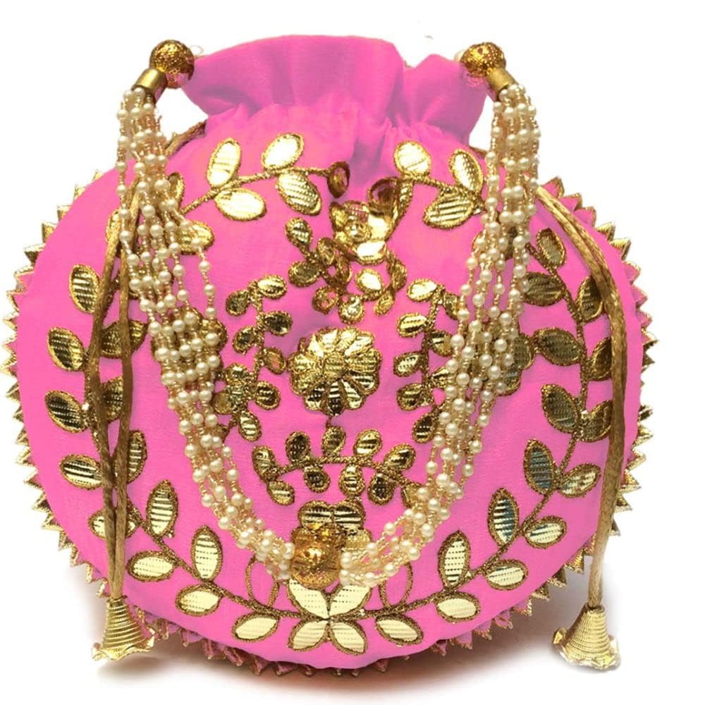 Indian Ethnic Gota patti Potli bag Ladies Handbag Purse for Bridal Party wedding and Gifting (H*L:9 * 9.5(Inch),(23x24(CM23x24cm) baby pink