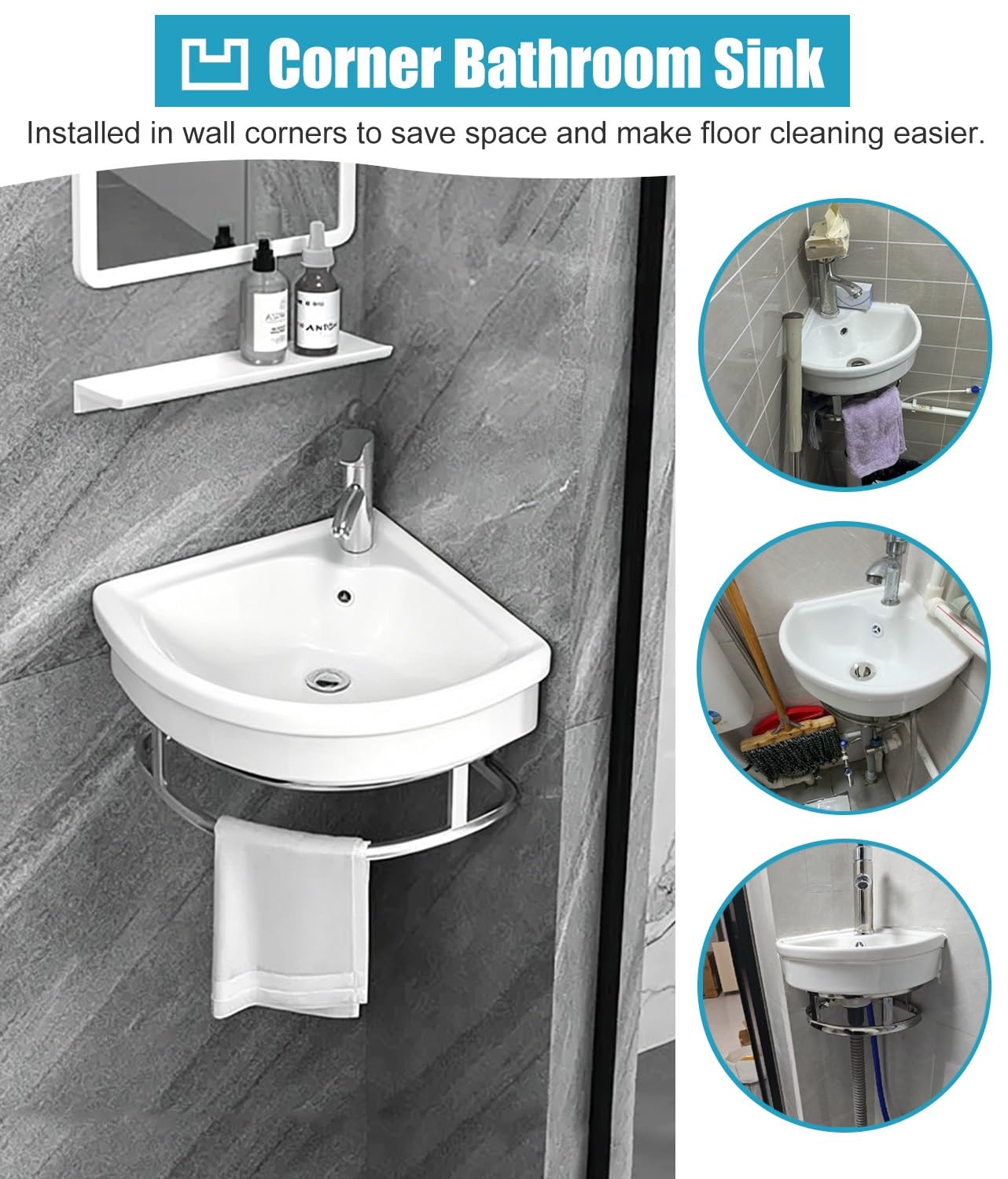 Lavabo Suspendido Esquinero Lavabo de Esquina Mural para Baños Pequeños, Lavabo de Cerámica con Ducha para Aseos, Baños de Invitados o Casas Móviles, Minilavabo(30x30cm (11 3/4x11 3/4"))