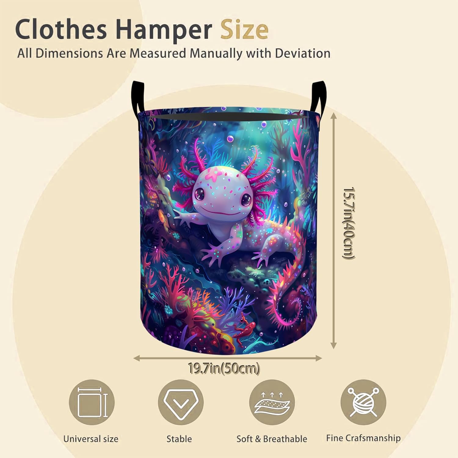 Axolotl Laundry Basket Hamper for Boys Girls Kids Adults, Foldable Waterproof Oxford Clothes Storage Bin, Ocean Organizer for Bedroom Bathroom Room Decor 19.7"x15.8"