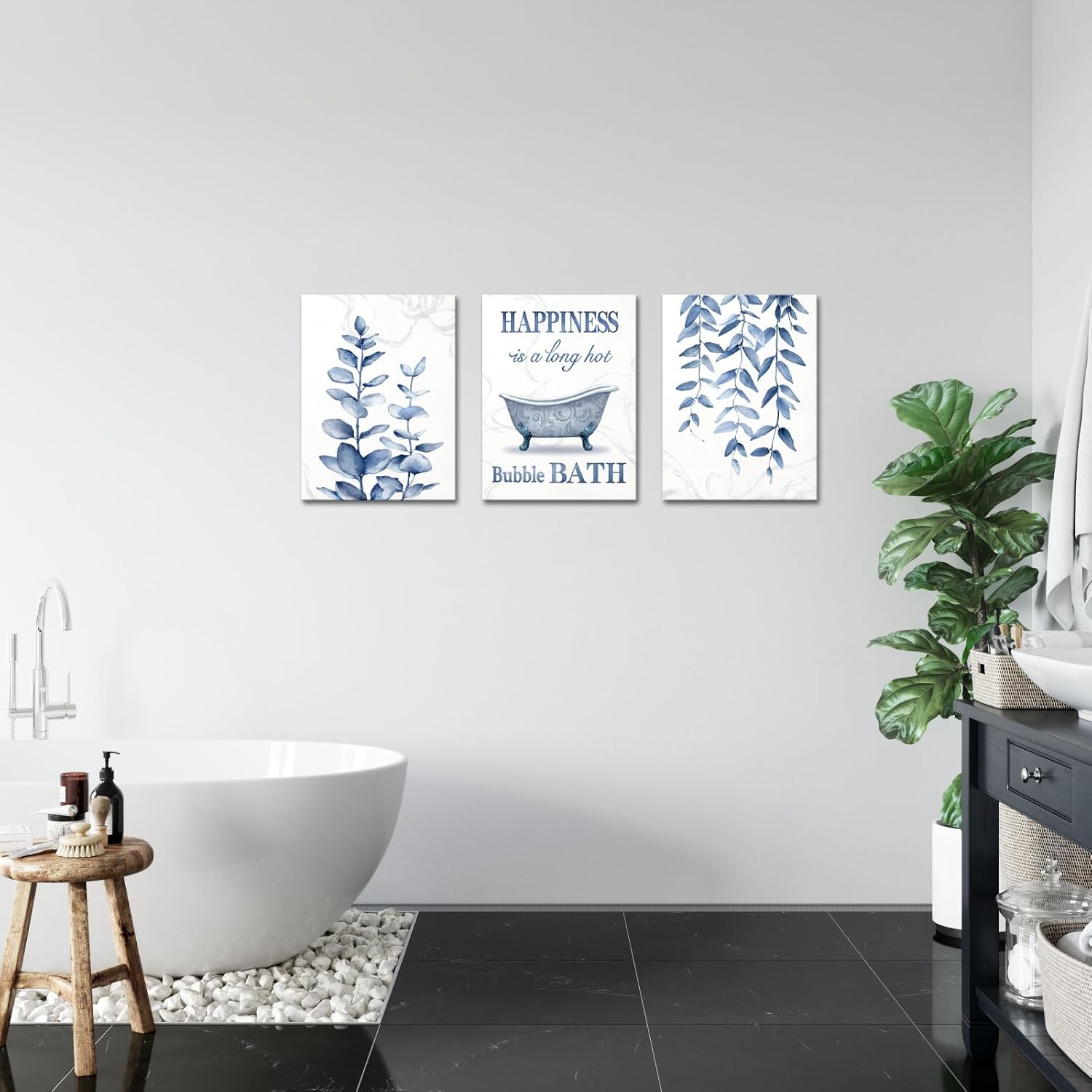 sechars Botanical Plant Canvas Wall Art Minimalist Boho Leaves Painting Pictures Decor Modern Blue Bathroom Decoration (Blue)