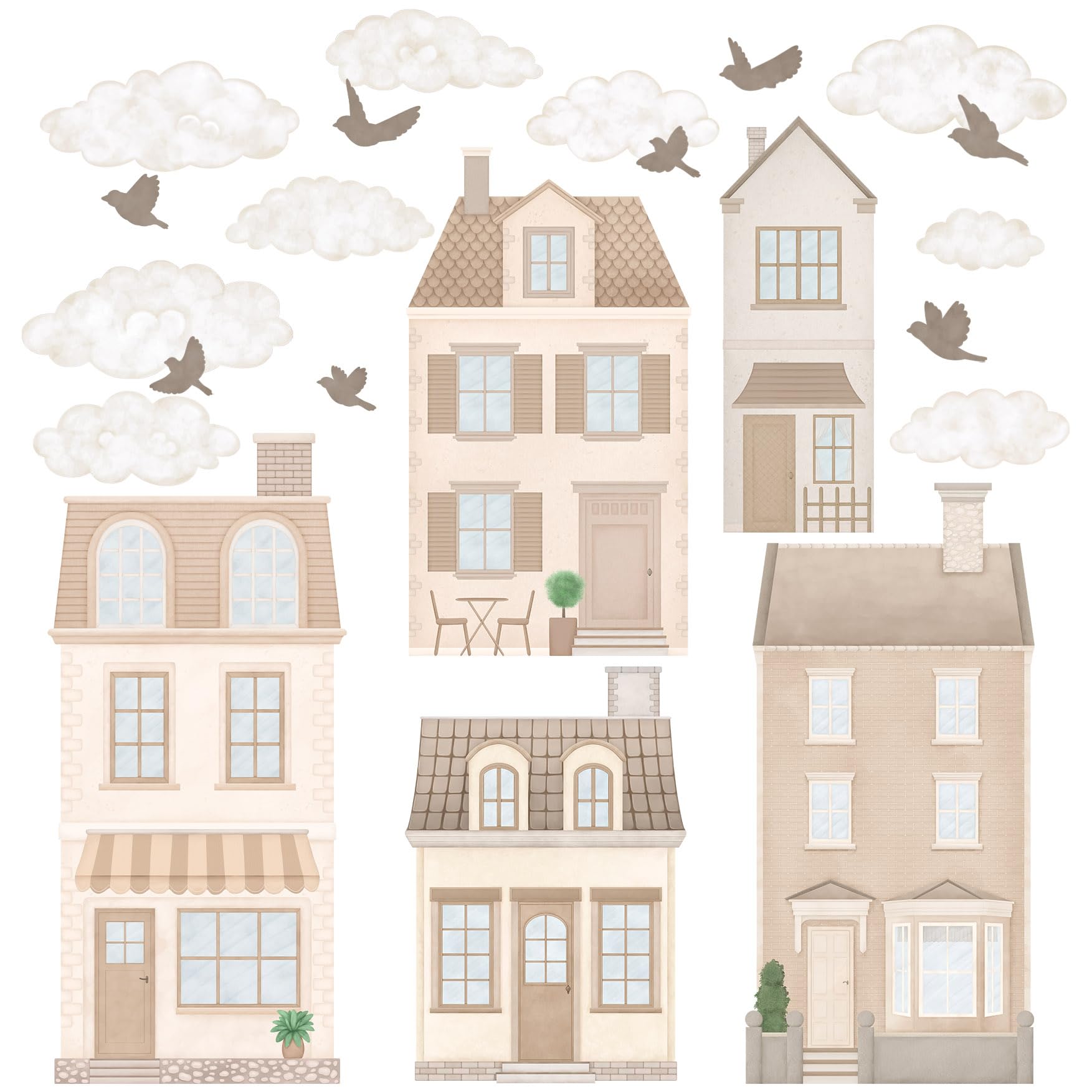 Adesivo da parete per bambini - Adesivo da parete per cameretta - atossico, potente - set 22 pezzi, cottage, case a schiera, casa a schiera parigina, città - Marrone, Beige