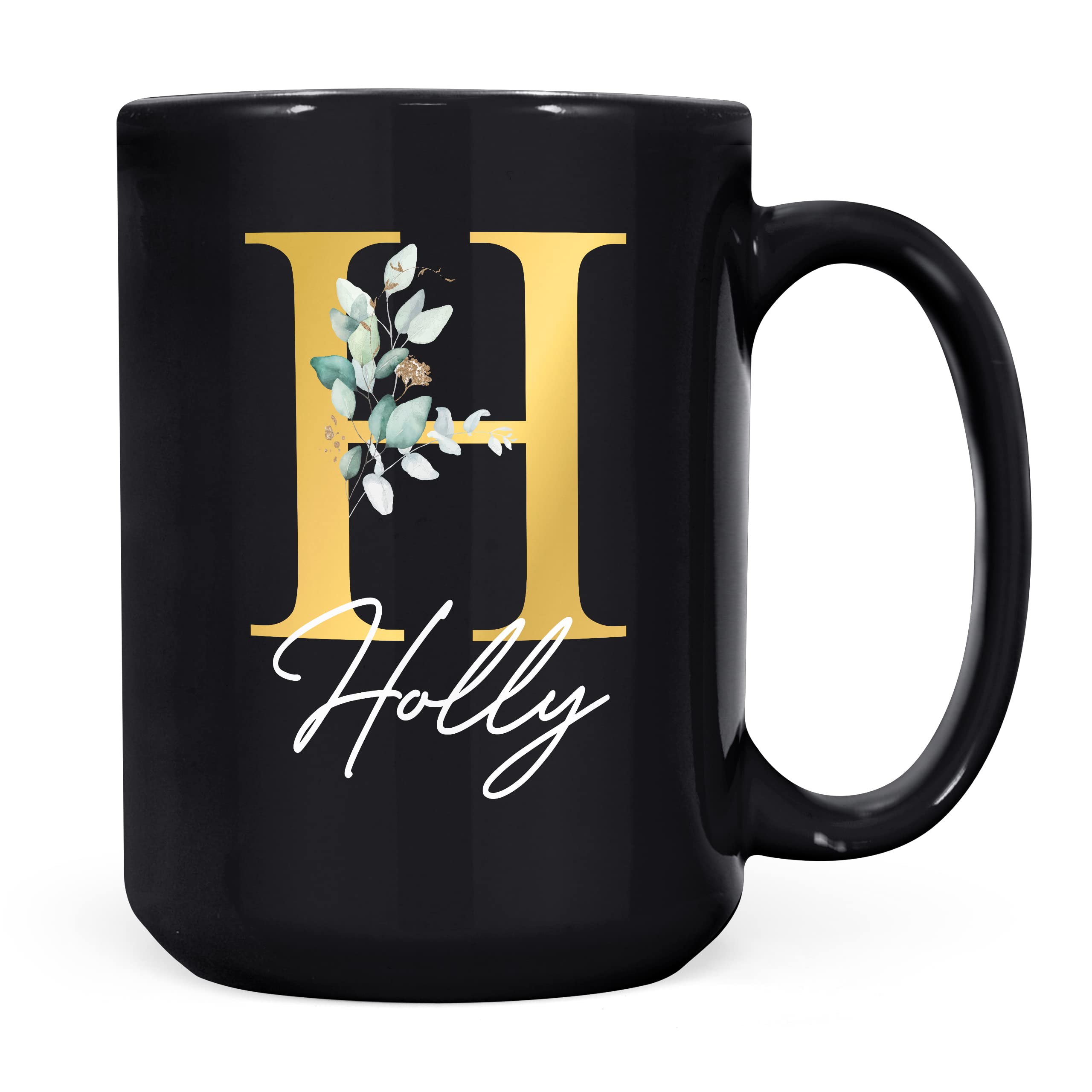 Personalised Letter H Floral Mug Initial with Name, Customised Gift, Gold Effect Printed Letter, NOT Metallic - Ceramic Coffee Cup for Men or Women, Extra Large and Giant Mug, 15oz Black Cup