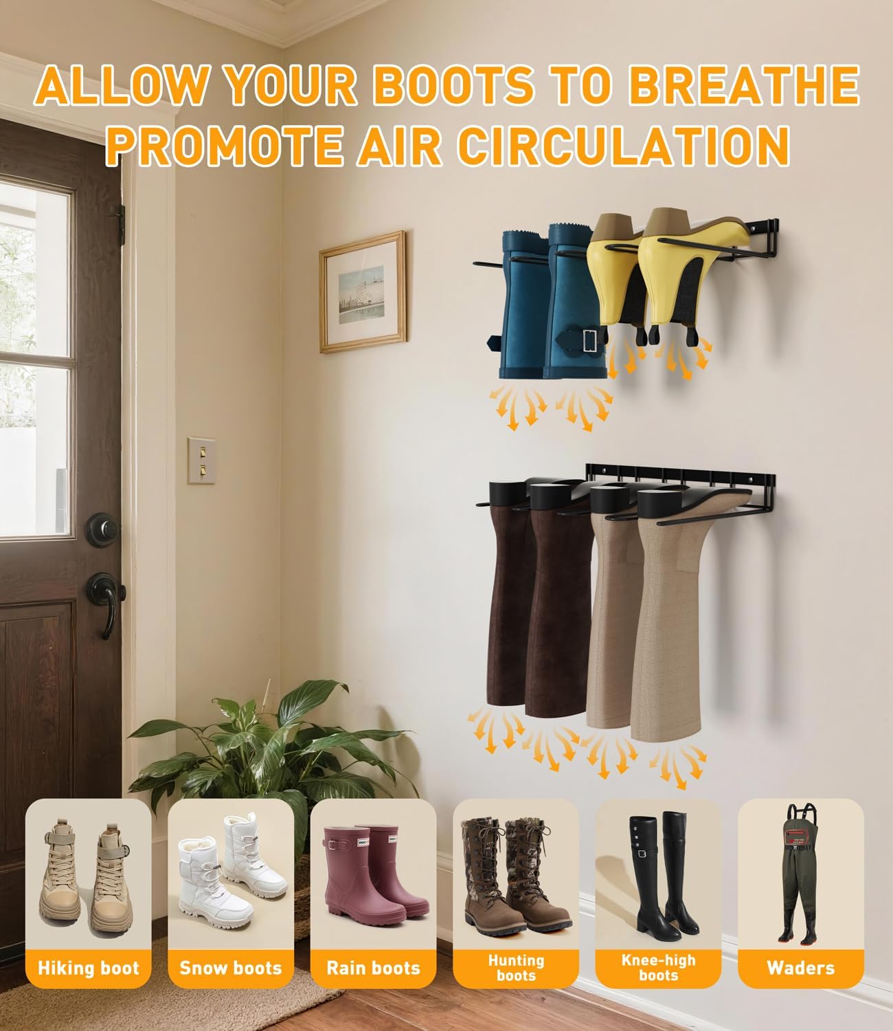 Boot Rack Wader Hanger Wall Mounted- (4 Pair) Sturdy Metal Boot Organizer, Tall Shoe Holder for Closet, Entryway, Indoor, Garage - Image 3