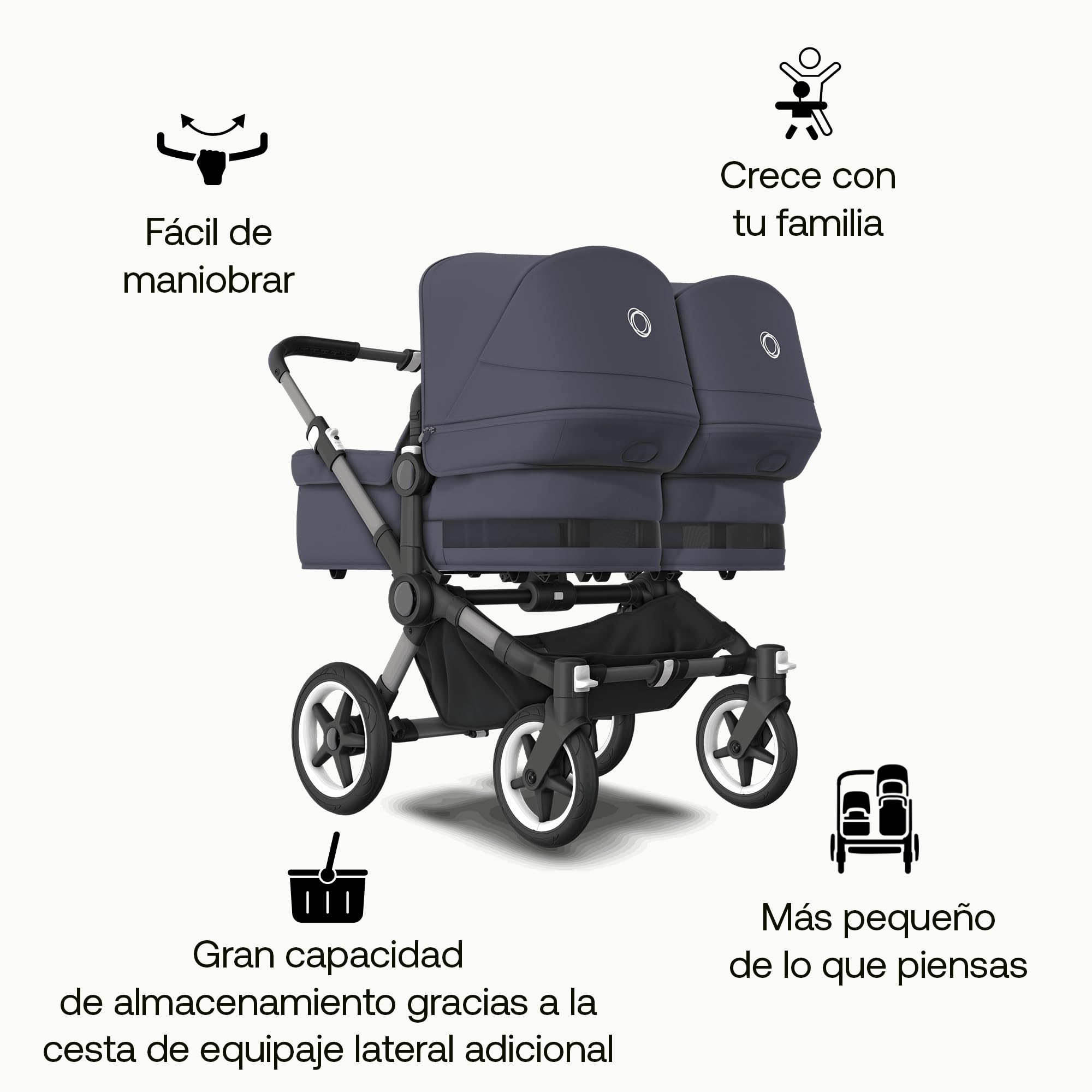 Bugaboo Juego de Extensión Donkey 5 Twin, Convierte tu Donkey 5 Mono en un carrito Twin, De Lado a Lado, Diseño Mejorado, Silla Reversible y Dirección a Una Mano, Stormy Blue