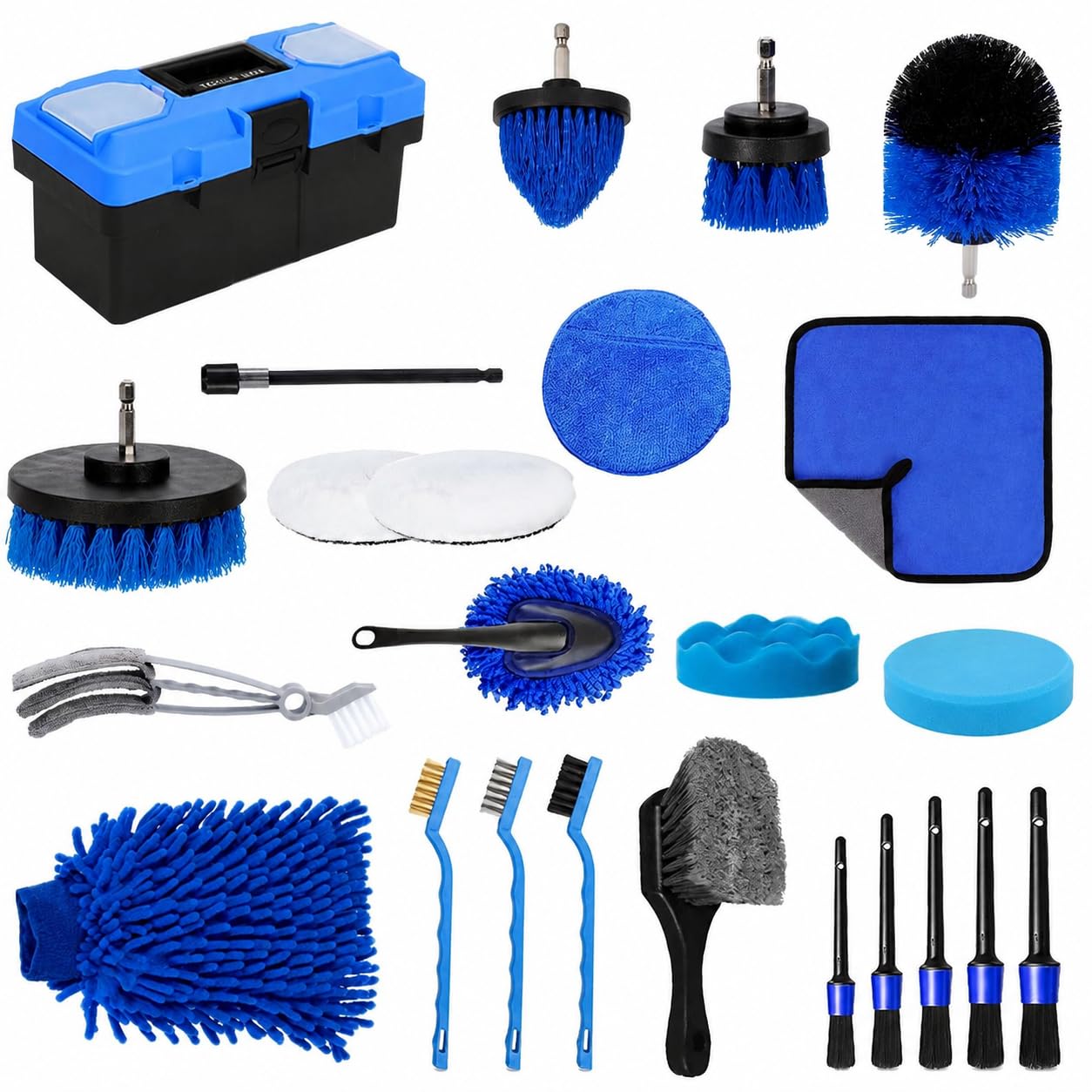 Auto Reinigungsset 27-teilig, Autowaschbürste & Detailbürste für Felgen und Innenraum, Autopflege Set mit Polierpad, azurfarben
