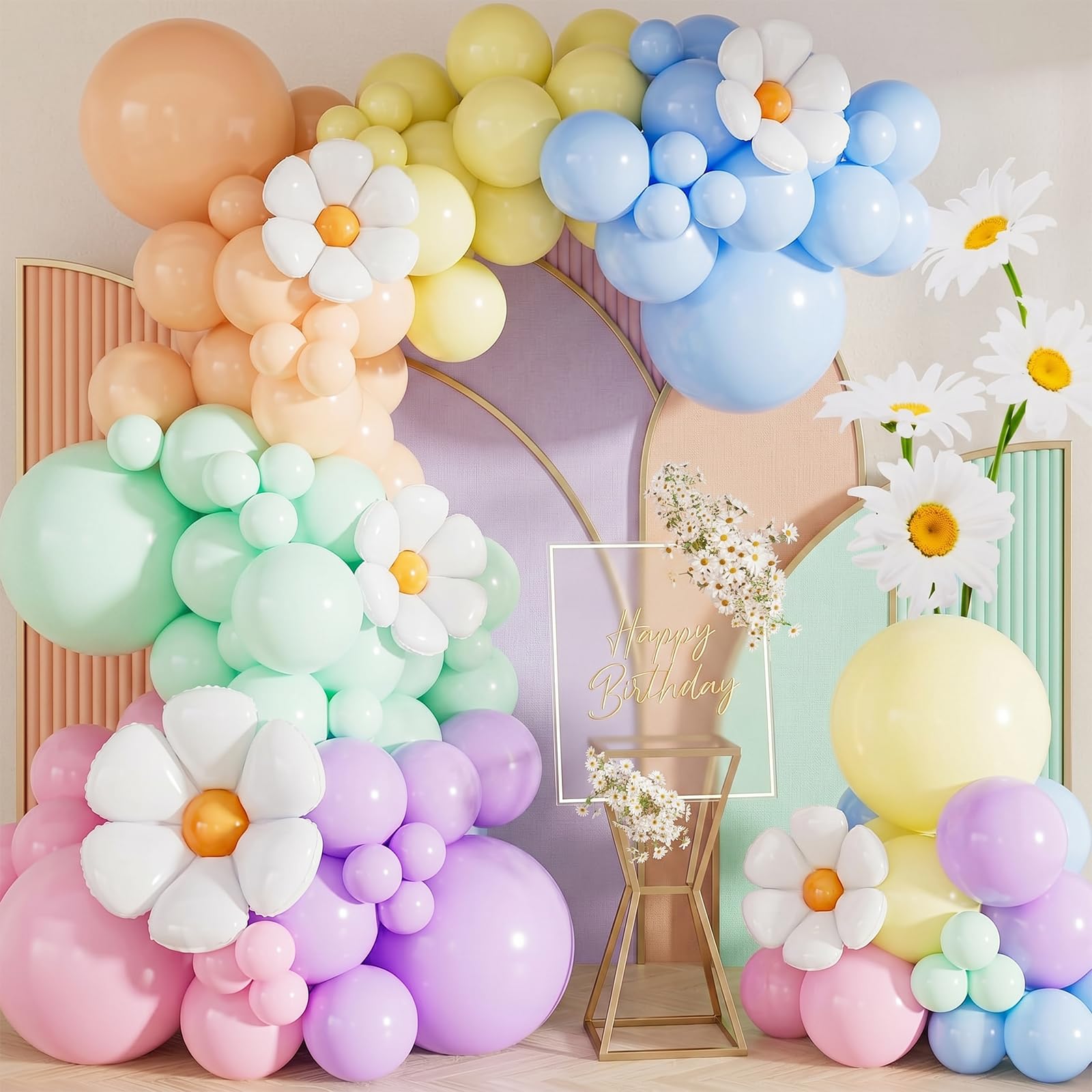 Kynoz 131Pcs Pastel Daisy Balloon Arch Kit, Matte Latex Balloons for Party