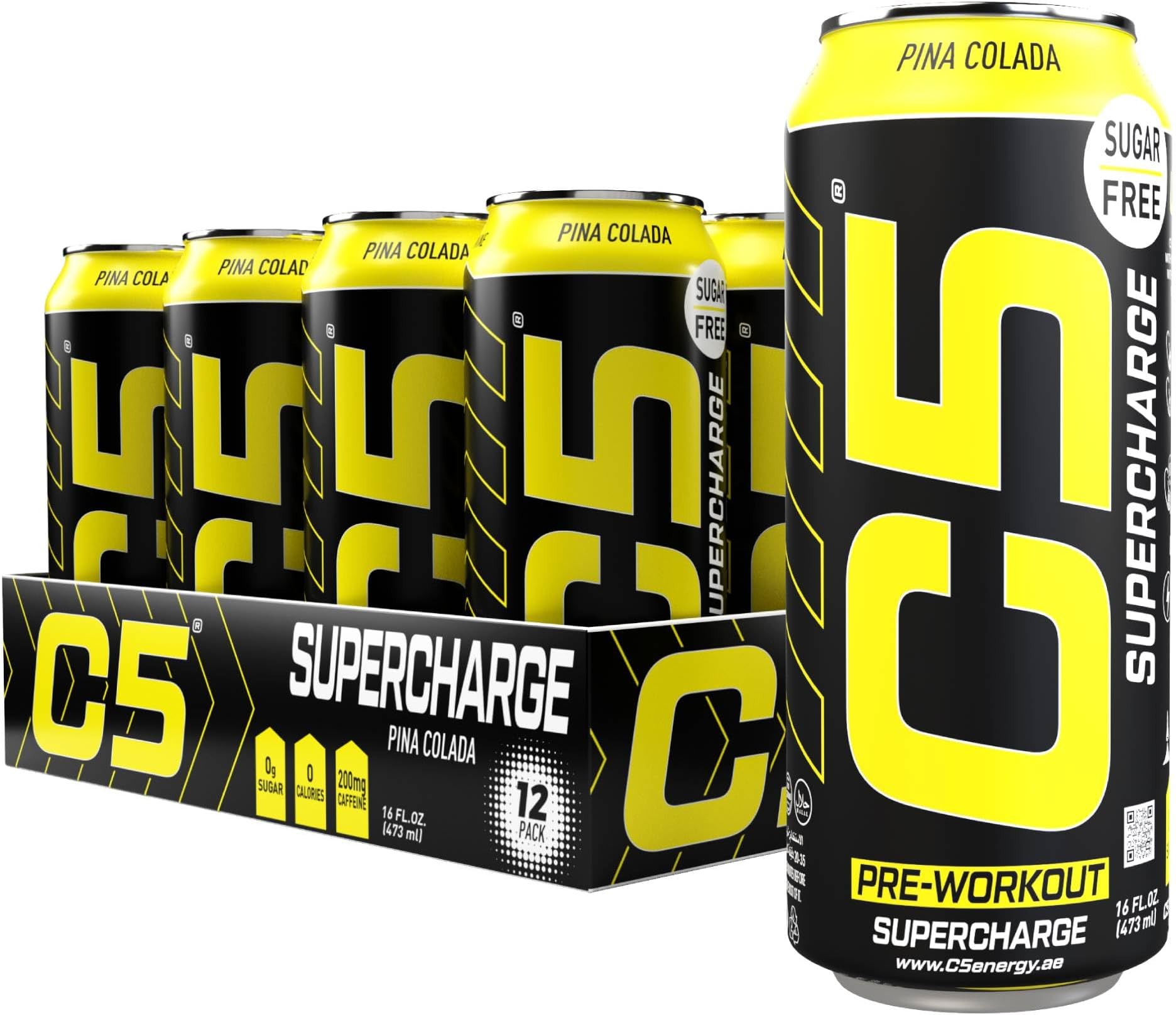 C5 Energy Drink Supercharge Pina Colada Pre-Workout, 200mg Caffeine, Sugar Free, Zero Calories, with Beta Alanine, L-Arginine, 473ml (16fl.oz)