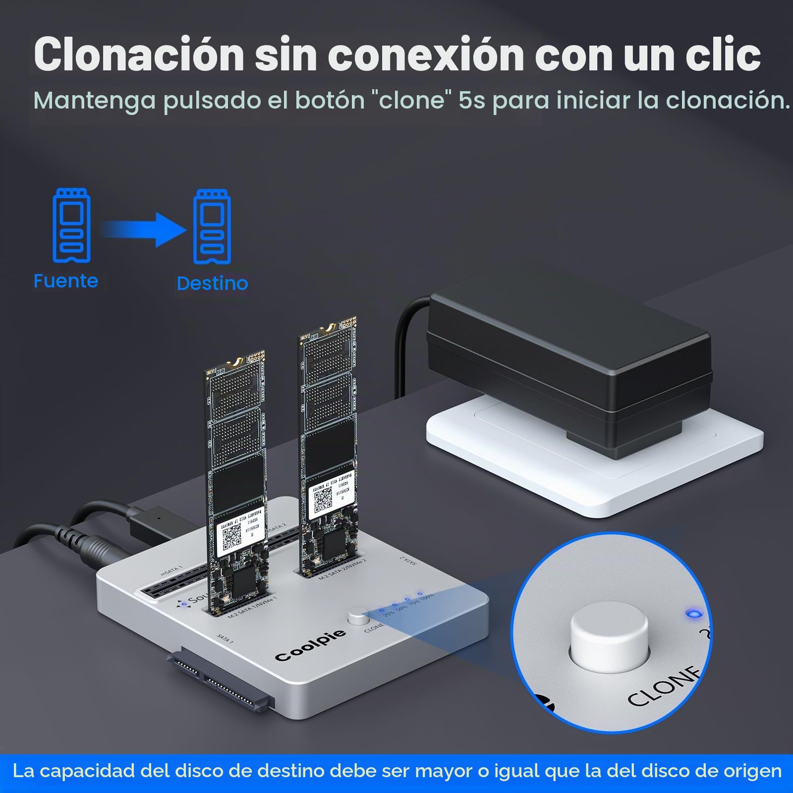 Coolpie Duplicador NVMe/SATA 3 en 1: USB 3.2 Gen 2x2, Aluminio, Plateado