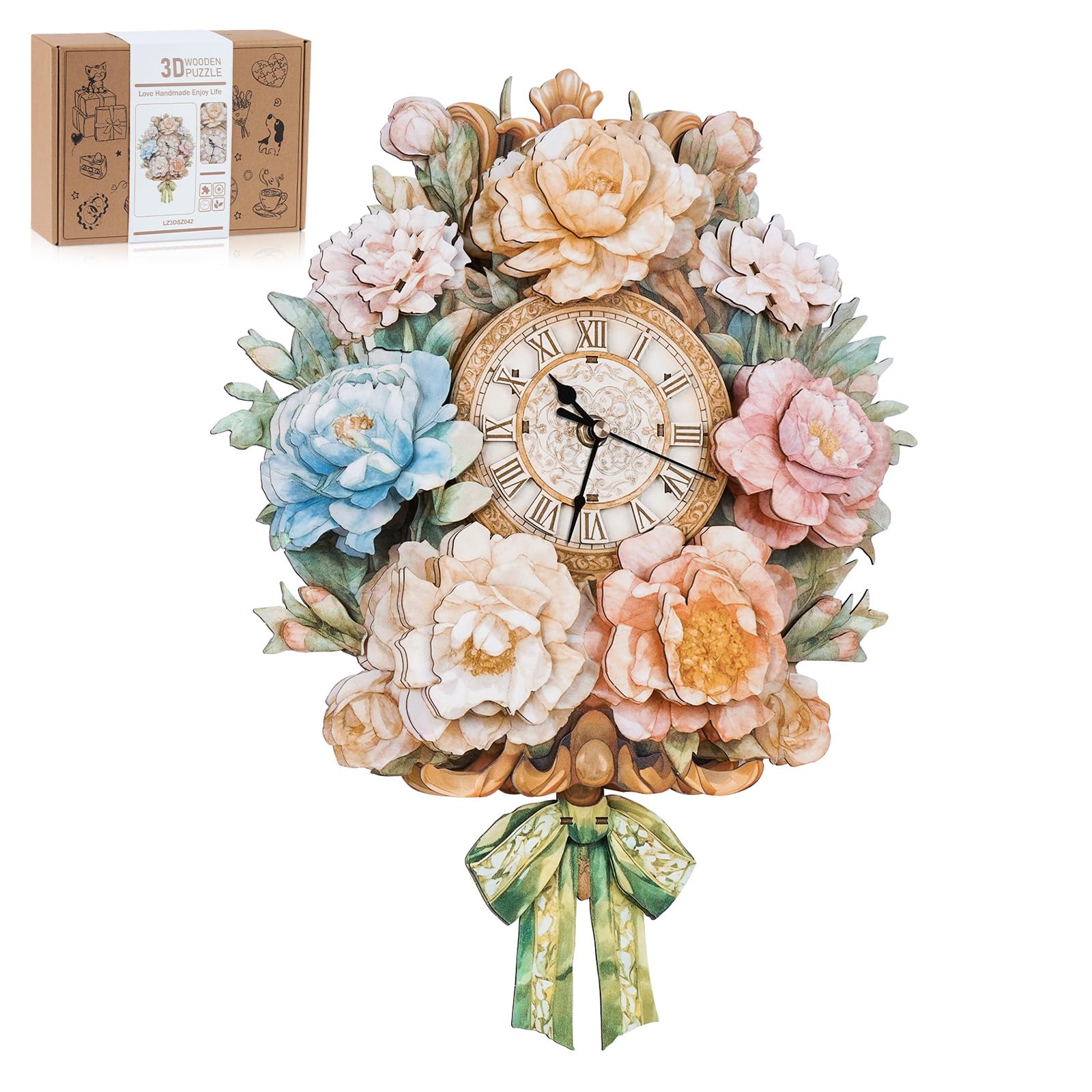 Puzzle 3D in legno per adulti, orologio a fiore con kit modello a pendolo, puzzle 3D per adulti, decorazione per la casa, kit di orologio da parete fai da te, regalo di compleanno, Natale