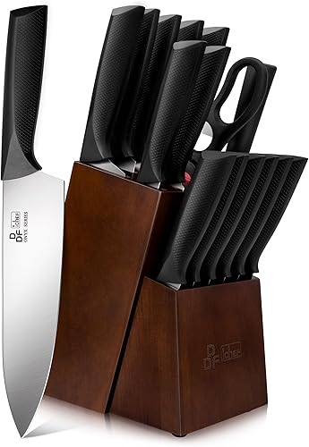 DDF iohEF - Juego de cuchillos de cocina de 16 piezas para cocina con bloque de acero inoxidable de alto carbono, juego de cuchillos con afilador,
