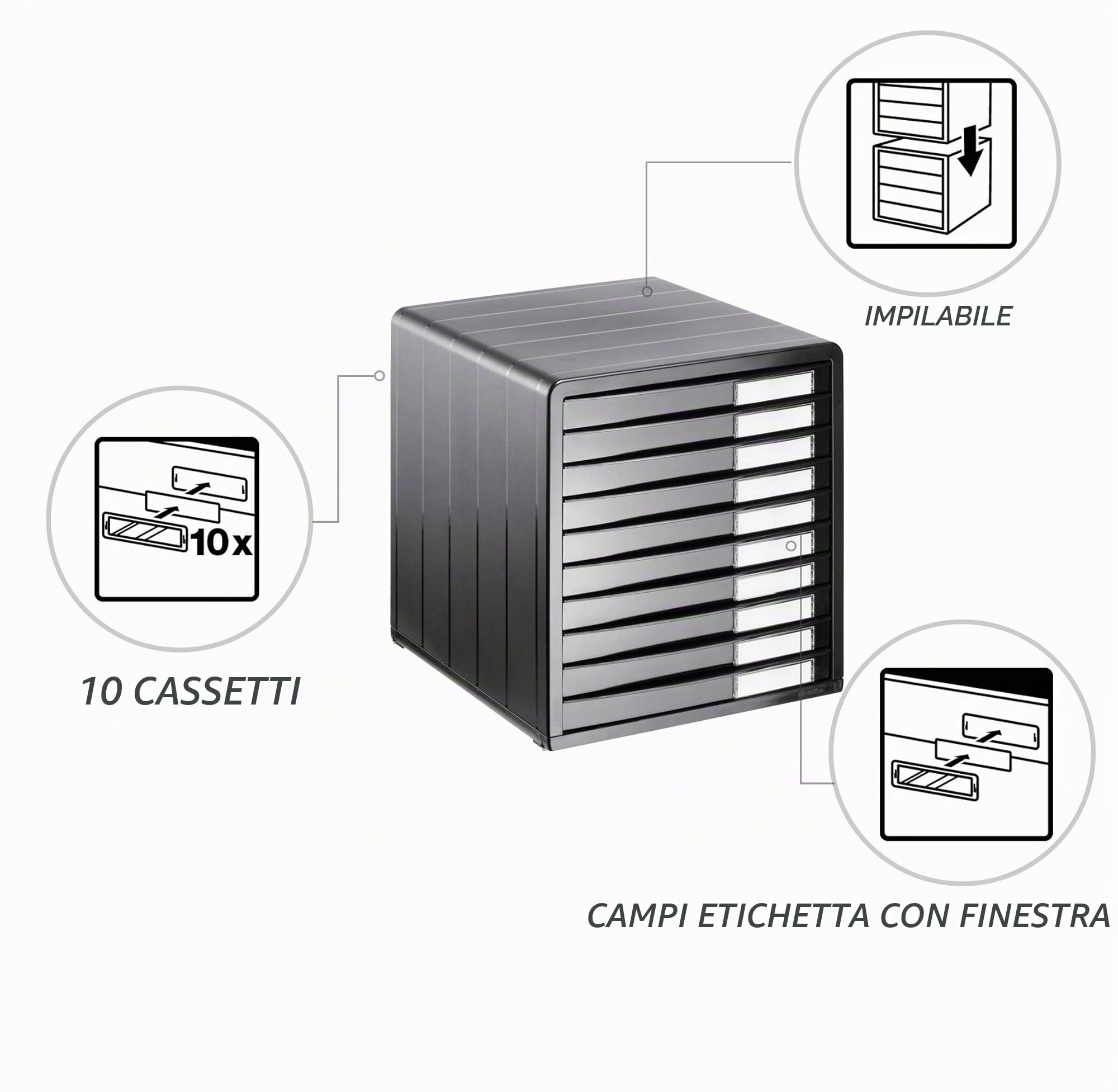 Rotho Timeless Cassettiera/Scatola da Ufficio con 10 Cassetti, Plastica (PS) senza BPA, Grigio (Antracite), 34.5 x 29.0 x 32.0 cm