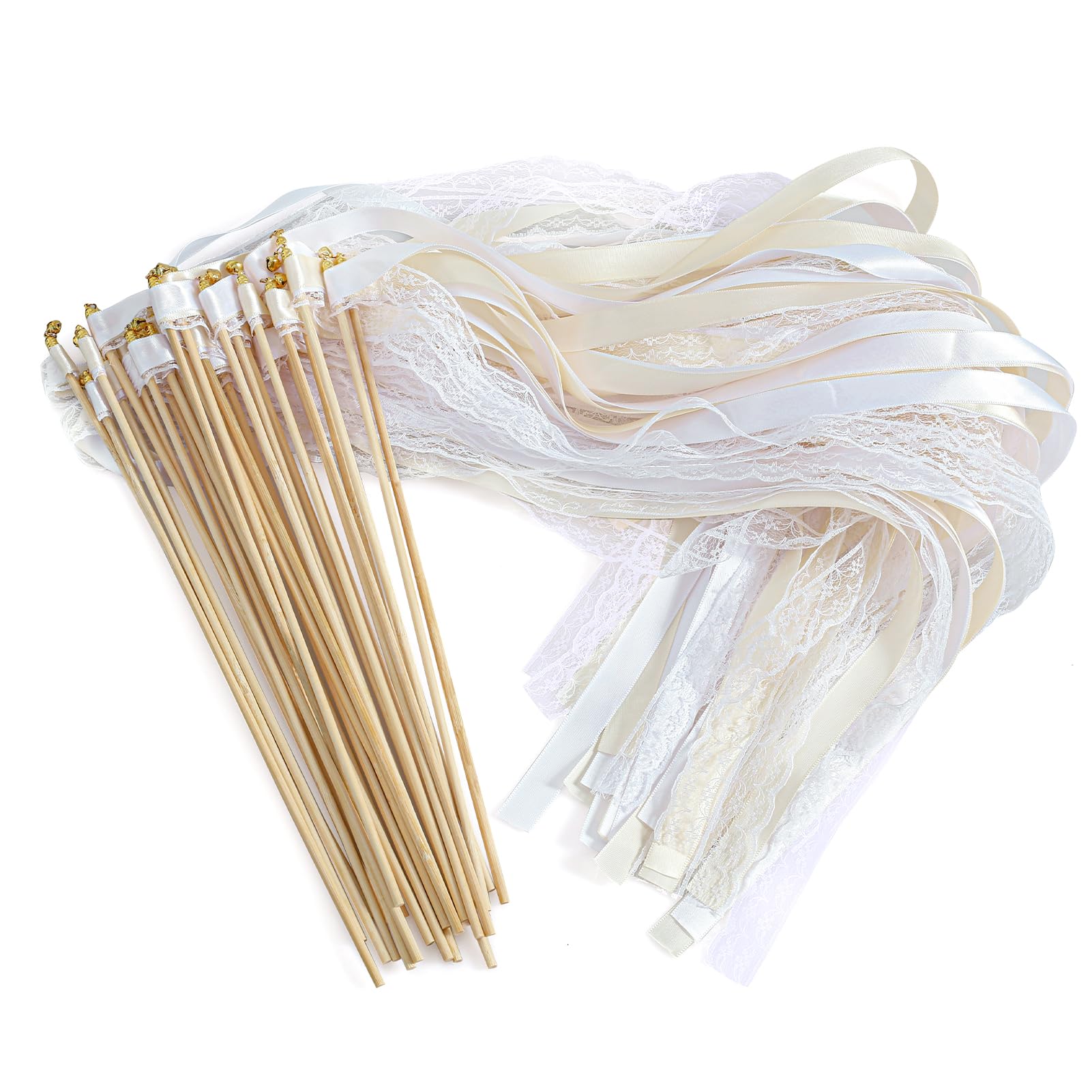 30 Pack Wedding Wands with Bells – Wedding Ribbon Wands with Lace & Satin Ribbons, 30 cm Wooden Sticks, Romantic Wedding Decoration for Aisle, Party & Birthday