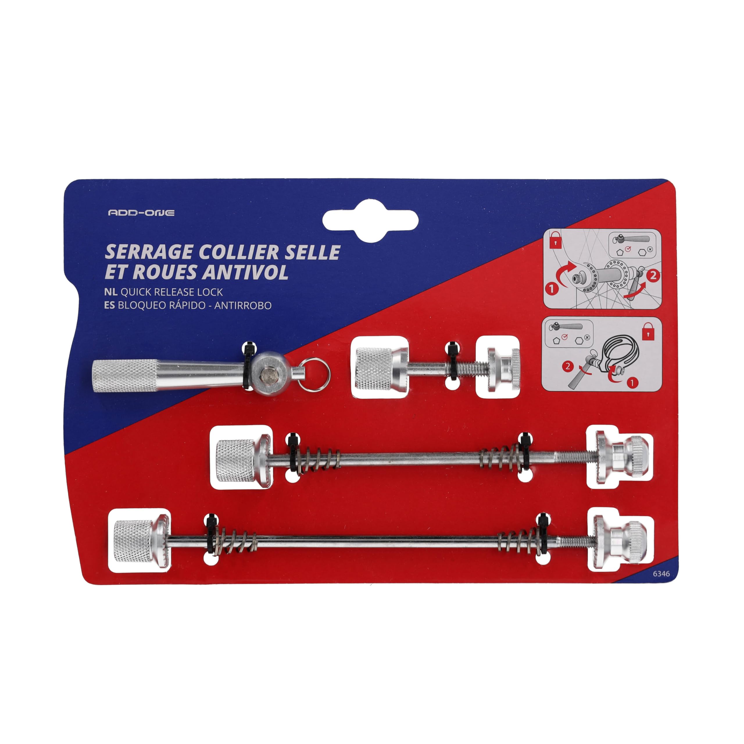 Add-One - Kit Serrages Antivol pour Vélo | Collier de Selle + Blocages Roues Avant/Arrière avec Clé | Axe de 5mm pour Axes Creux 9/10 mm - Longueurs : Avant 140 mm, Arrière 175 mm, Selle 50 mm