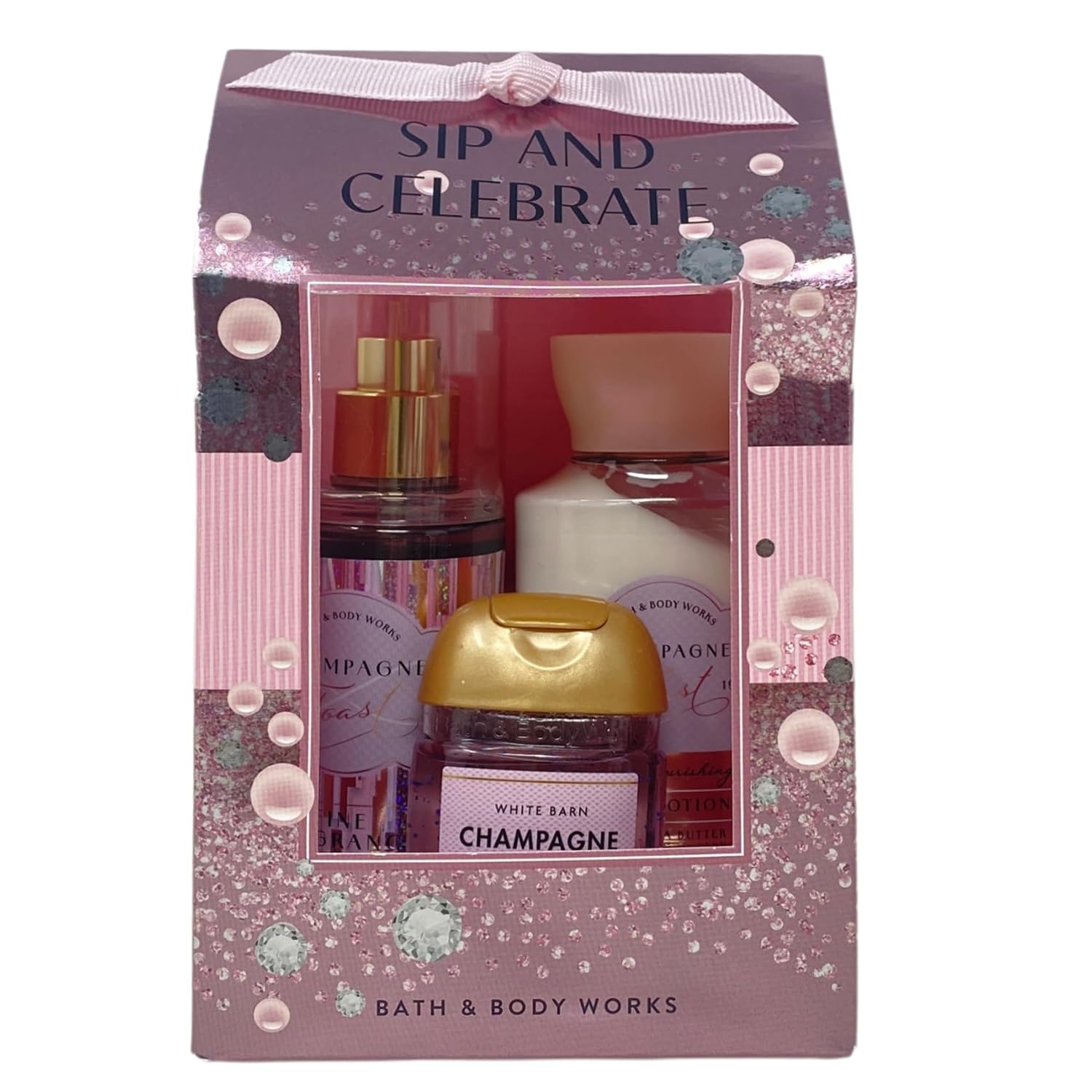 Bath & Body Works Champagne Toast Sip And Celebrate Gift Set - Fragrance Mist, Body Lotion and White Barn Hand Gel Travel Size - with a Peach Gardenia Sample Soap