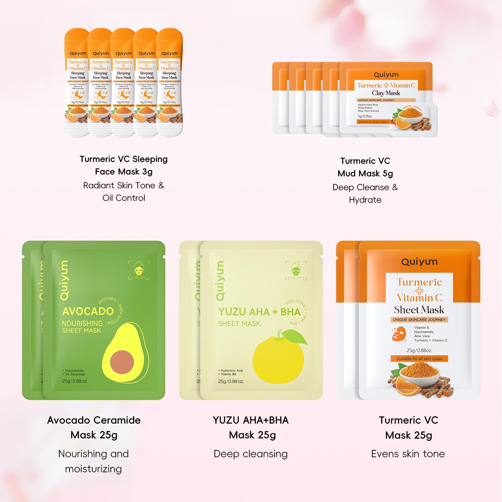 QUIYUM Skincare Set - 26PCS Face Masks & Lip-Eye Masks, Fruit & Turmeric VC Masks Gifts for Women Teen Girls, Travel Size Toiletries for Mother's Day Christmas Birthday