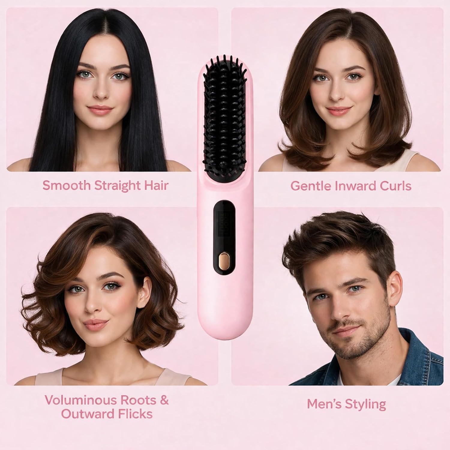 Go Brush - Pro for Short Hair - 2026 Upgraded Cordless Straightening Brush with 30s Fast Heat, 3 Temperature Settings, Ionic & Ceramic Care, 2500mAh USB-C Rechargeable for Frizz-Free Styling (Pink)