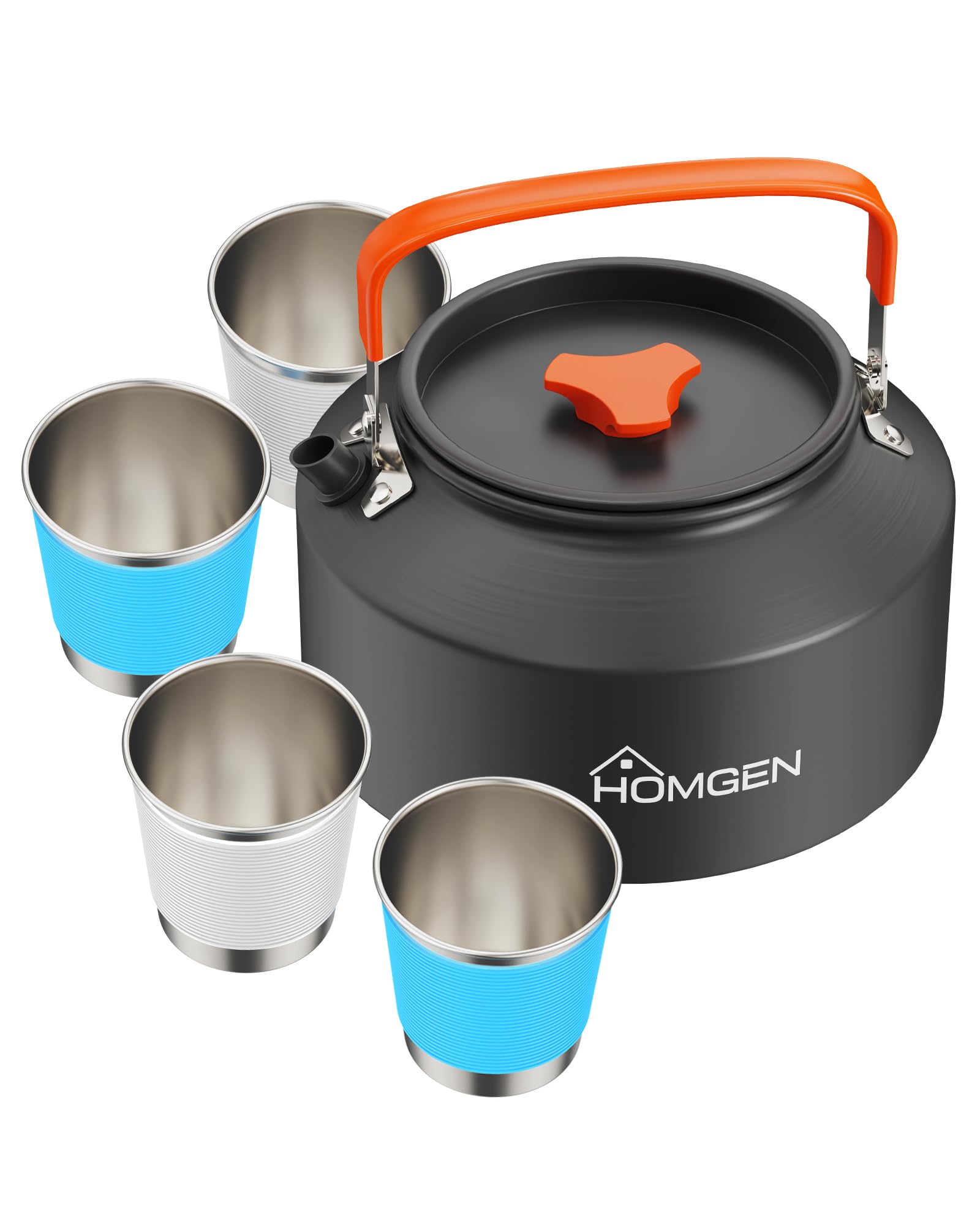 HOMGEN Camping Kettle with 4 Cups - 2L Large Portable Stovetop Tea Kettle - Fast Heating Boiling Hot Water for Open Fire - Lightweight Coffee Pot with Anti-Scald Handle & Carry Bag for Outdoor