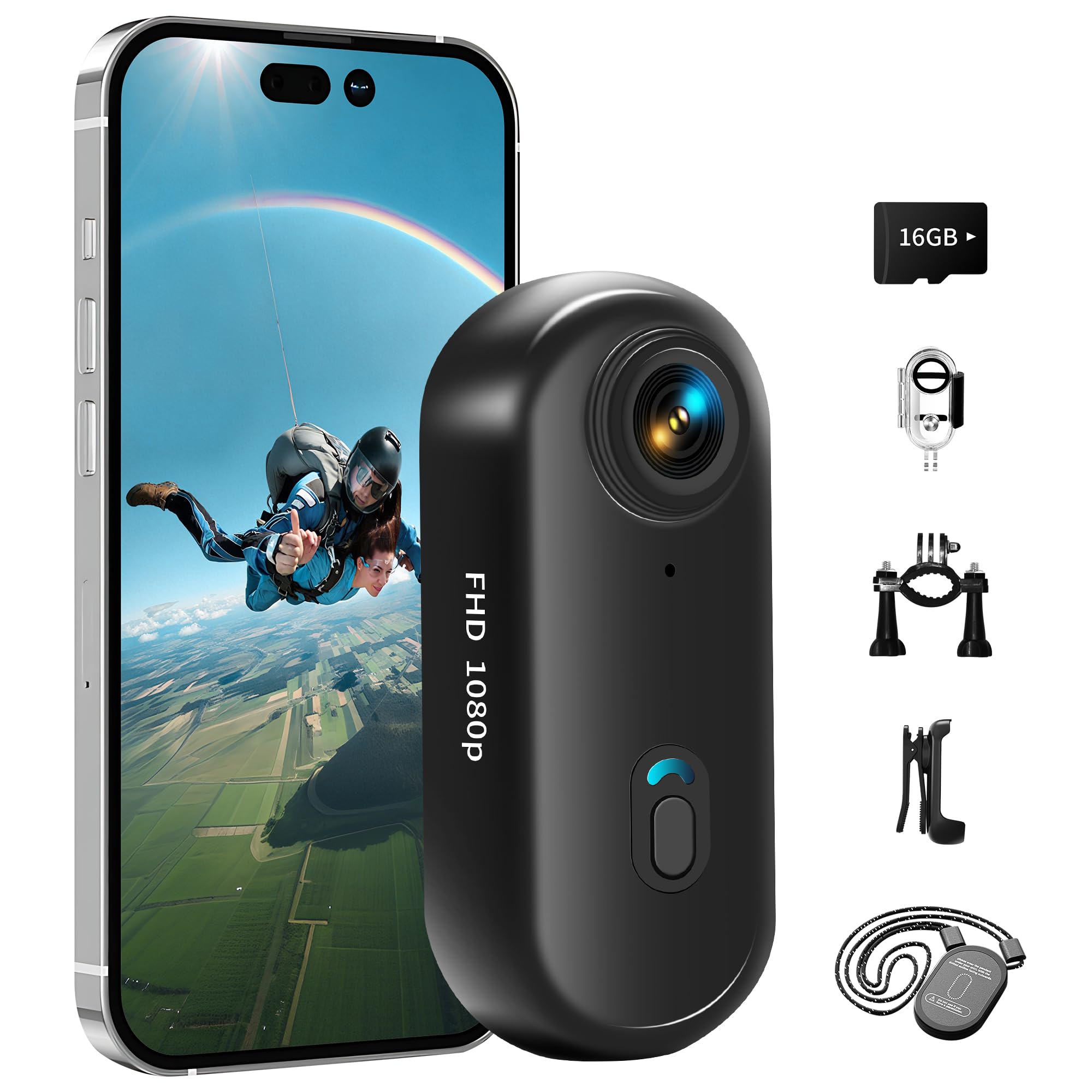 Mini Action Cam Con 16G, 1080P Fotocamera Subacquea Bodycam | Impermeabile Fino a 30 m, 360° Telecamera Moto, POV a Mani Libere, Fotocamera Per Casco, Polizia Professionale Per Vlogging