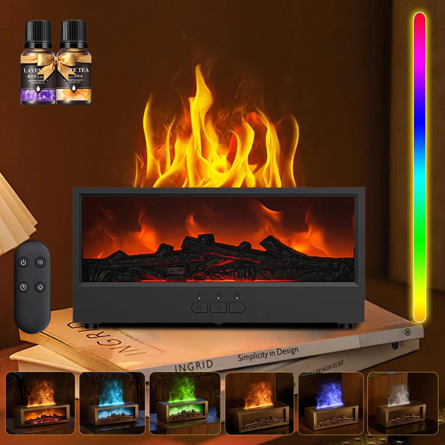 Fireplace Diffusers for Essential Oils Fireplace Humidifier with Remote 150ml Fireside Ultrasonic Humidifier Bonfire Flame Diffuser with 7 Colors Light for Home Room Office (Black)